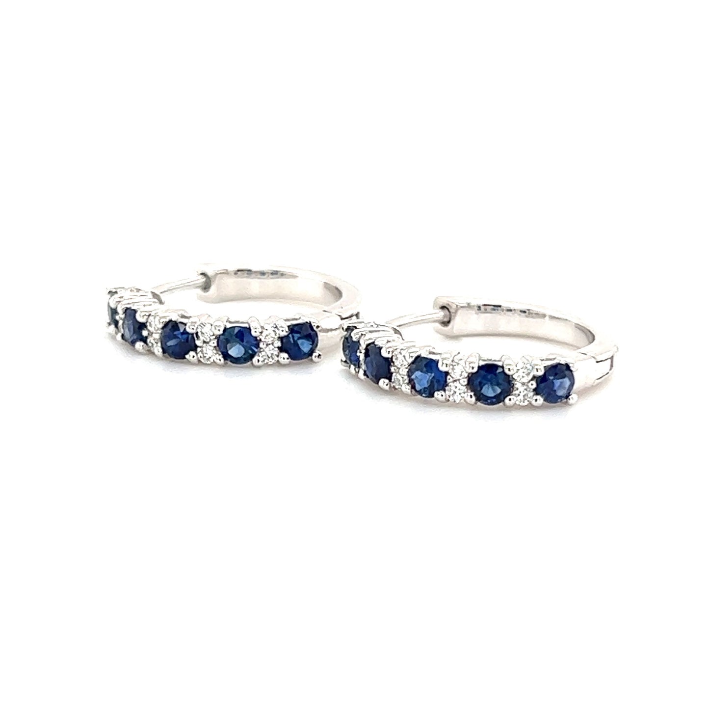 Sapphire Hoop Earrings with Eight Round Diamonds in 14K White Gold Left Side View