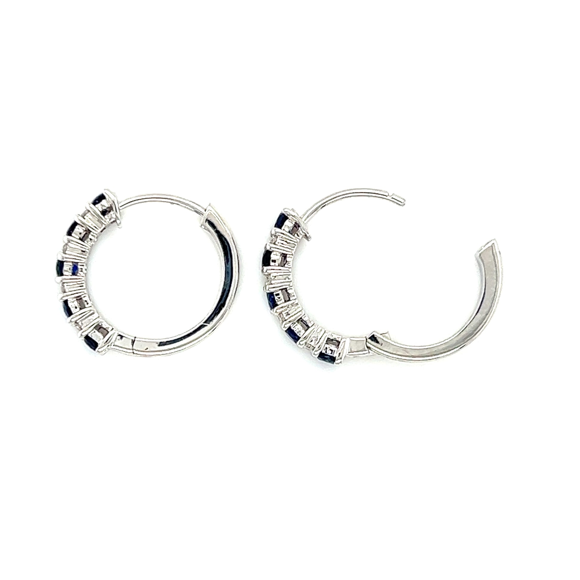 Sapphire Hoop Earrings with Eight Round Diamonds in 14K White Gold Top View Open Clasp