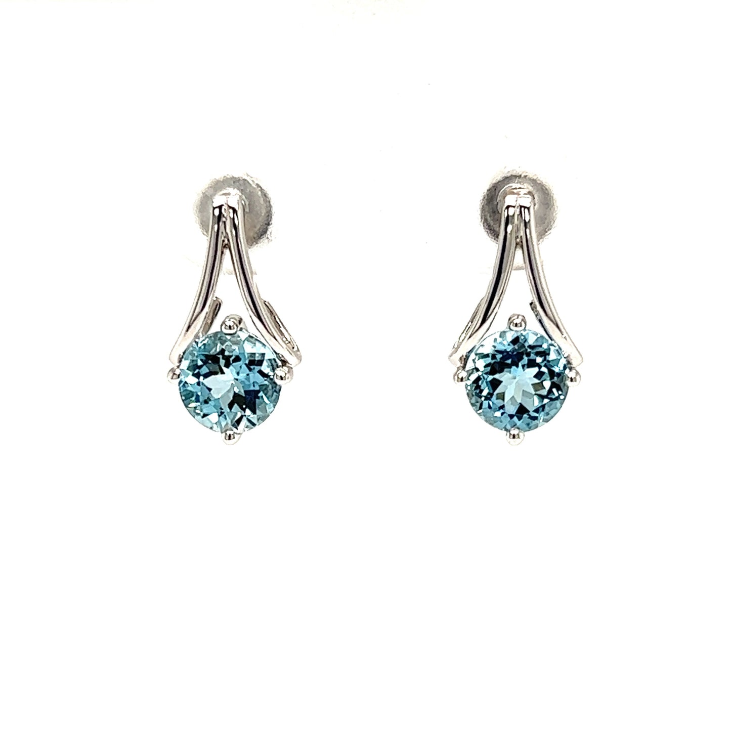 Round Aquamarine Earrings with V-Shaped Bars in 14K White Gold Hanging Front View