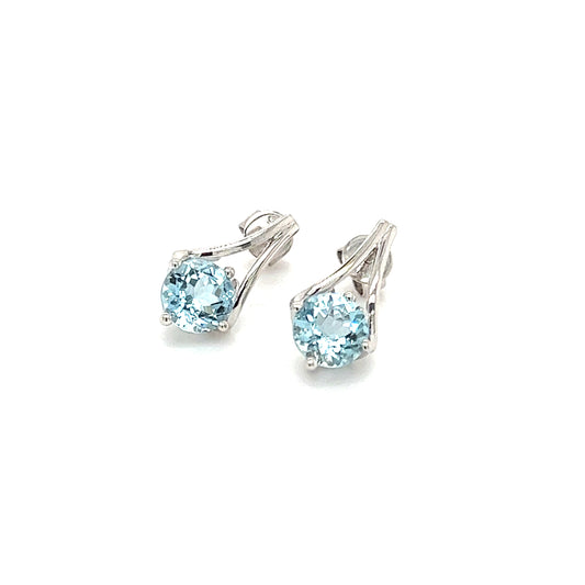 Round Aquamarine Earrings with V-Shaped Bars in 14K White Gold Top View