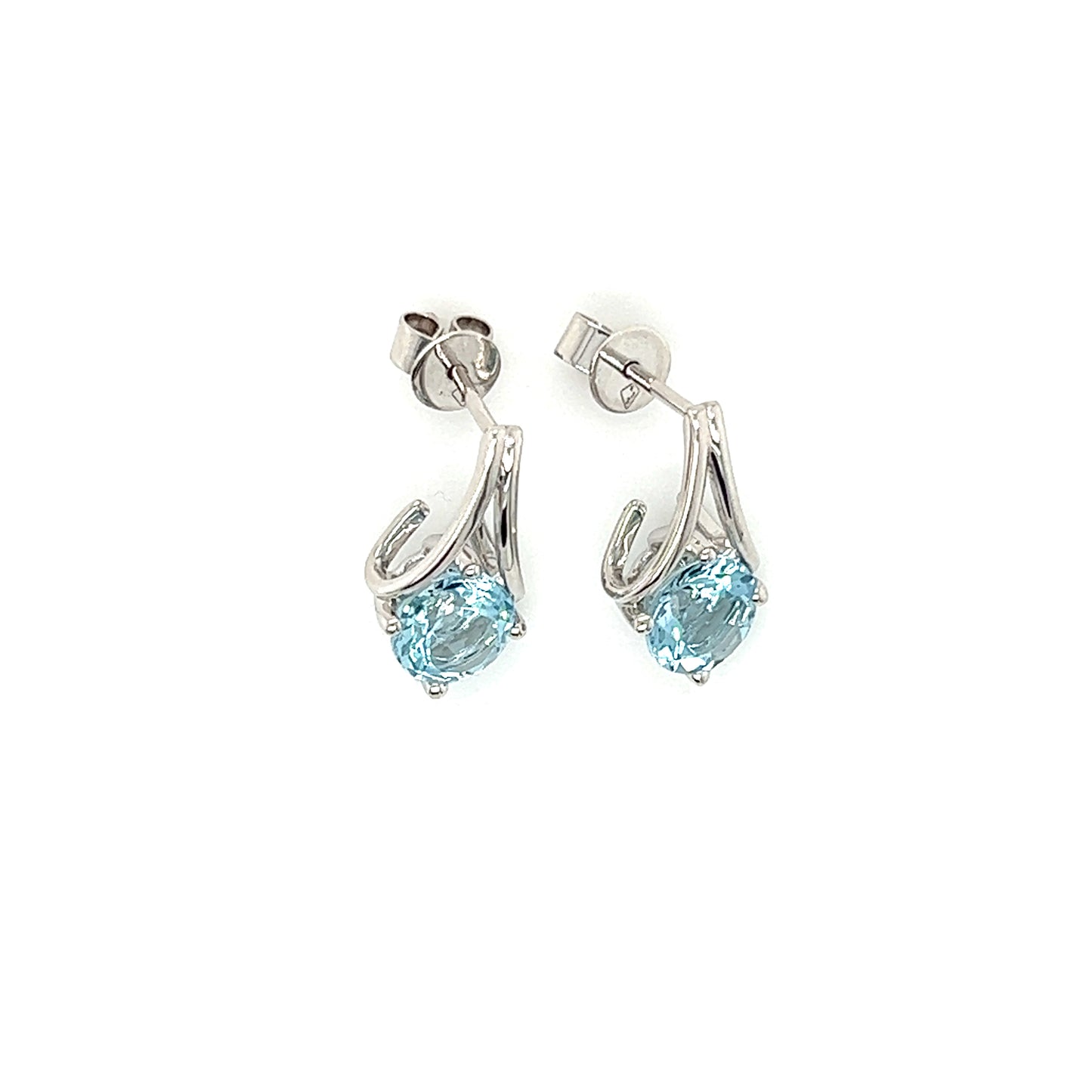 Round Aquamarine Earrings with V-Shaped Bars in 14K White Gold