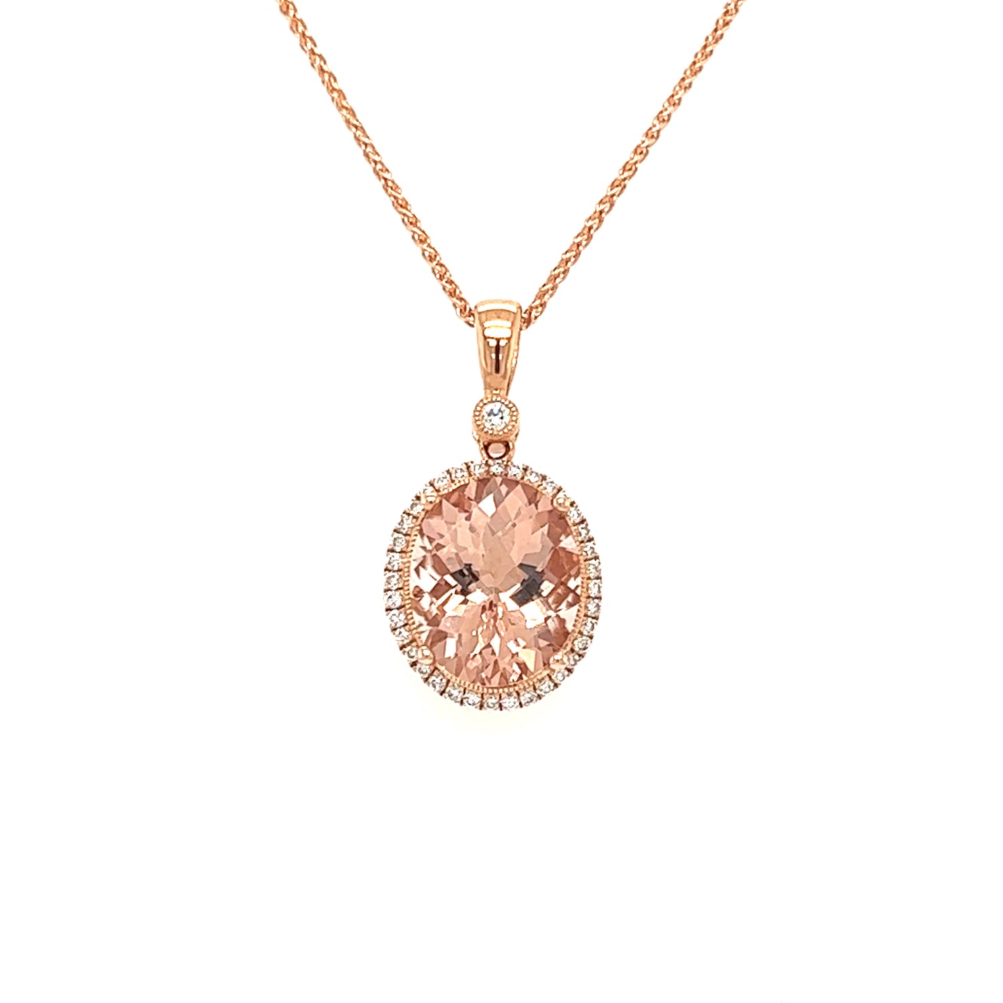 Oval Morganite Necklace with Diamond Halo in 14K Rose Gold Pendant Closer View