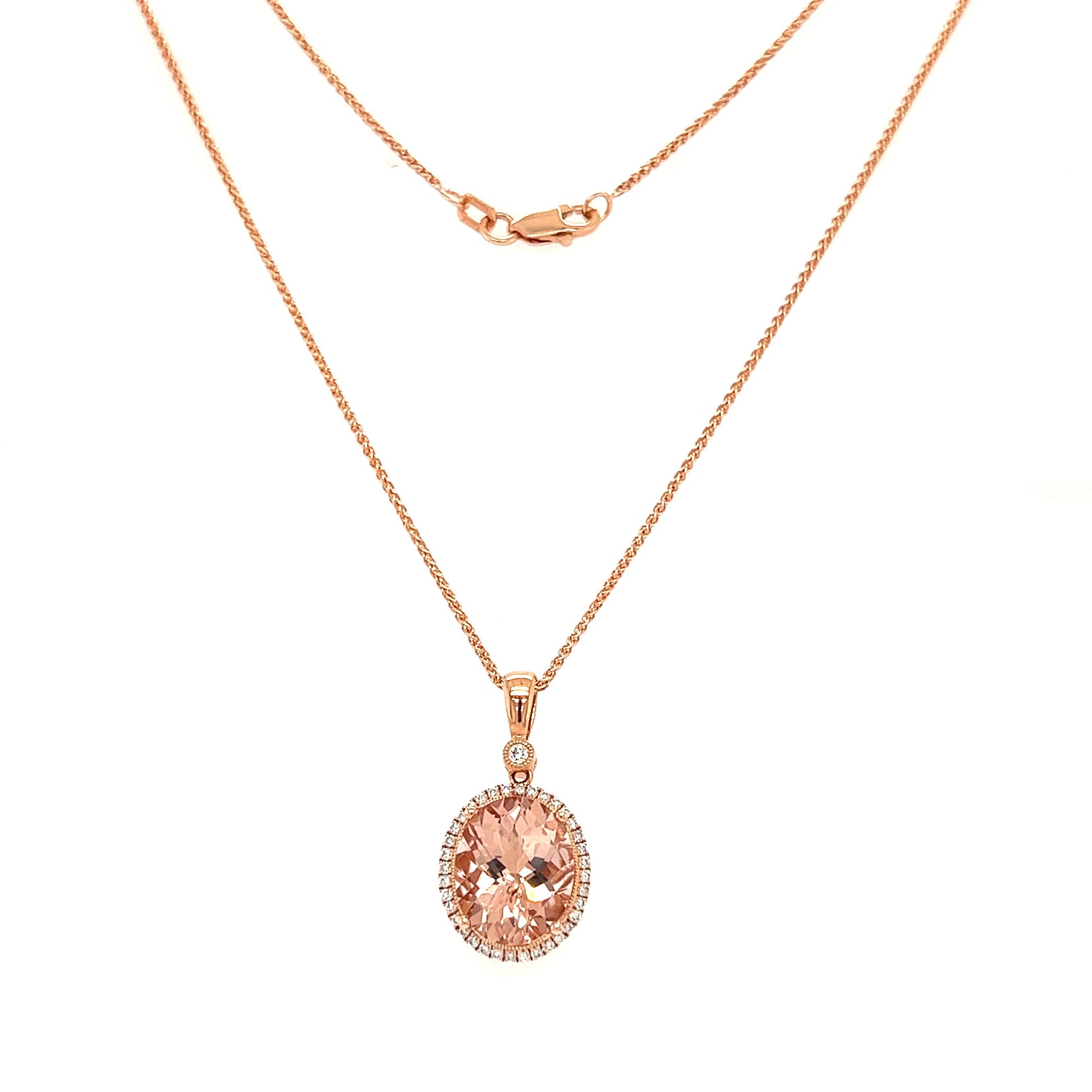 Oval Morganite Necklace with Diamond Halo in 14K Rose Gold Full Necklace View