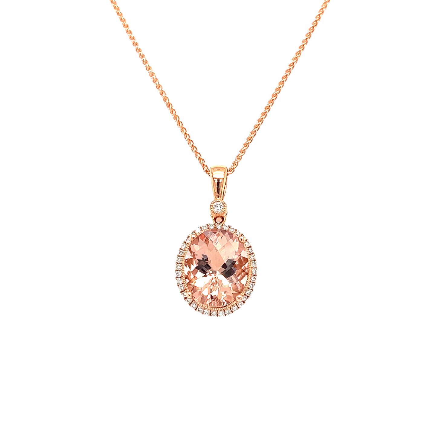 Oval Morganite Necklace with Diamond Halo in 14K Rose Gold Chain and Pendant View