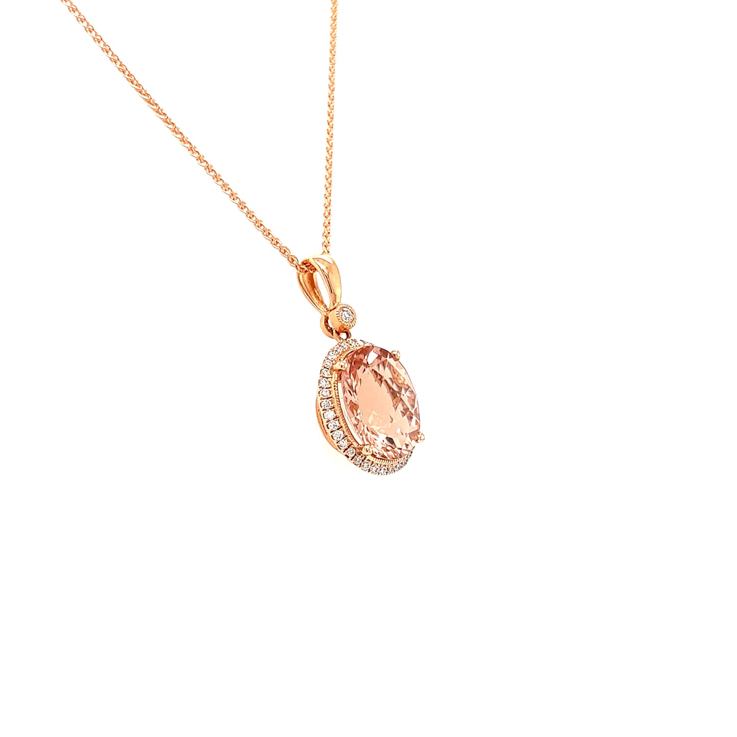 Oval Morganite Necklace with Diamond Halo in 14K Rose Gold Right Side View