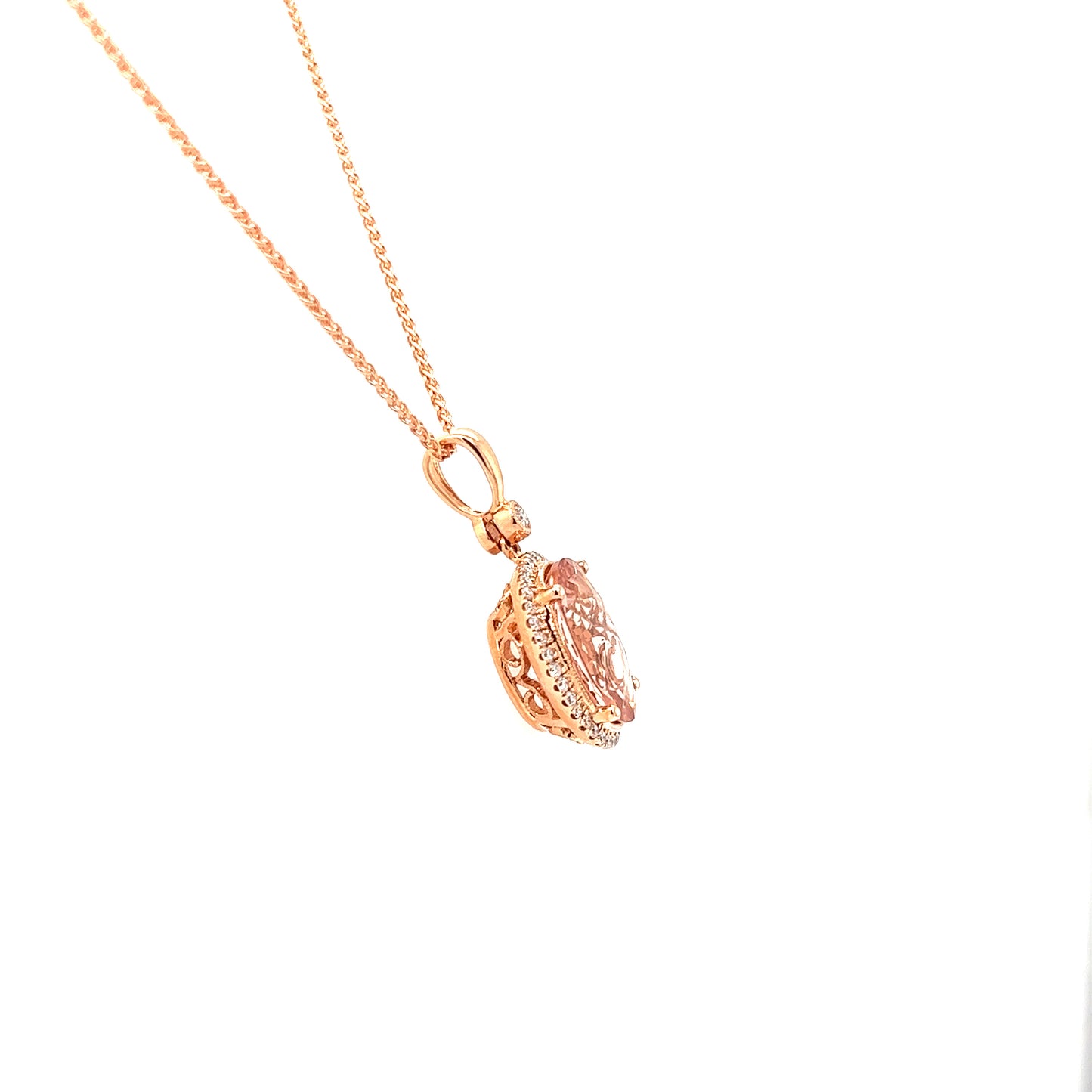Oval Morganite Necklace with Diamond Halo in 14K Rose Gold Right Profile View