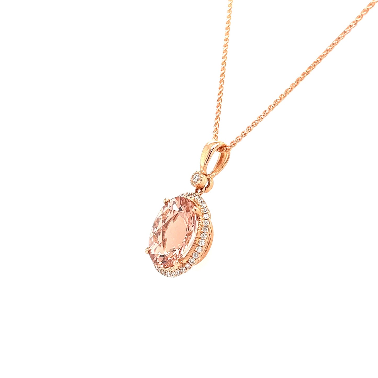 Oval Morganite Necklace with Diamond Halo in 14K Rose Gold Left Side View
