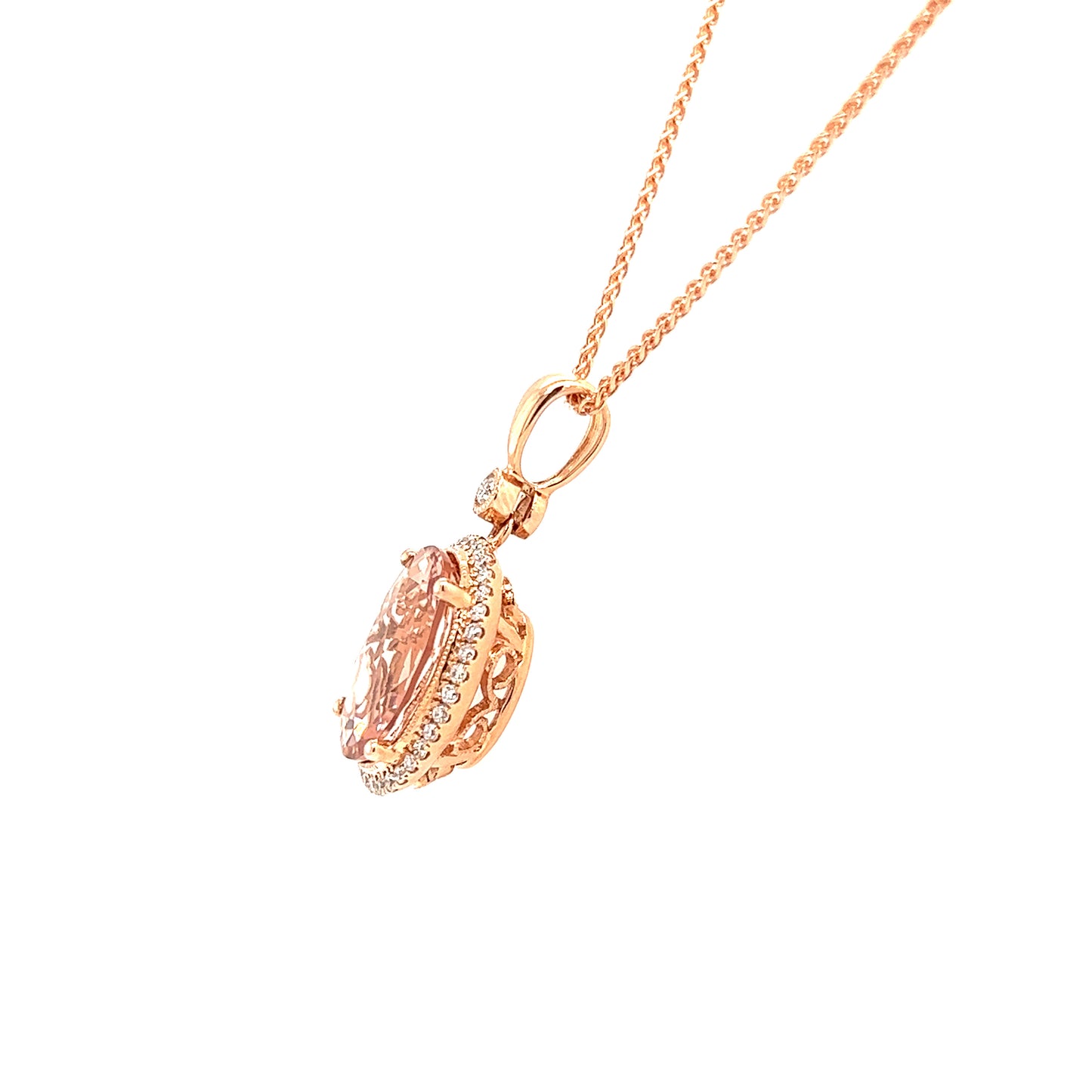 Oval Morganite Necklace with Diamond Halo in 14K Rose Gold Left Profile View