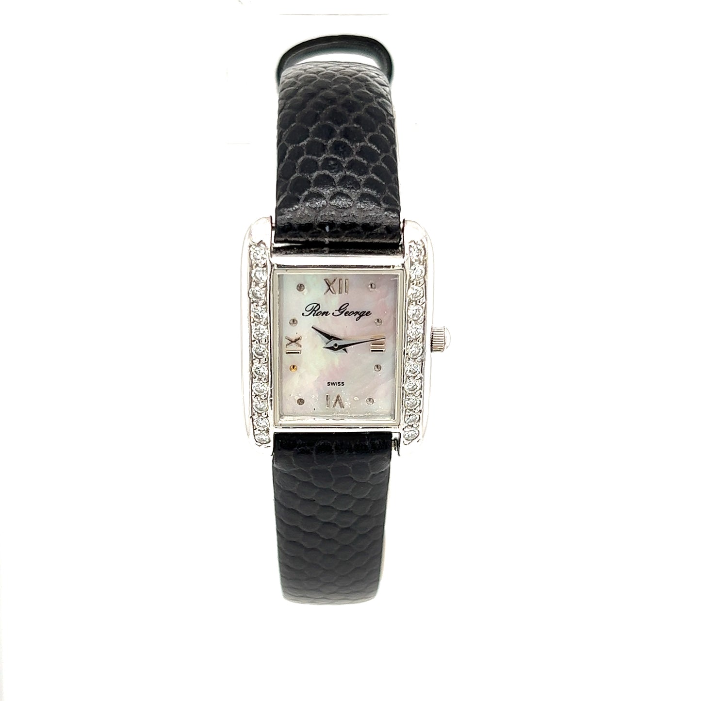 Ron George Watch with Mother of Pearl and Twenty-Two Diamonds in 14K White Gold Front View