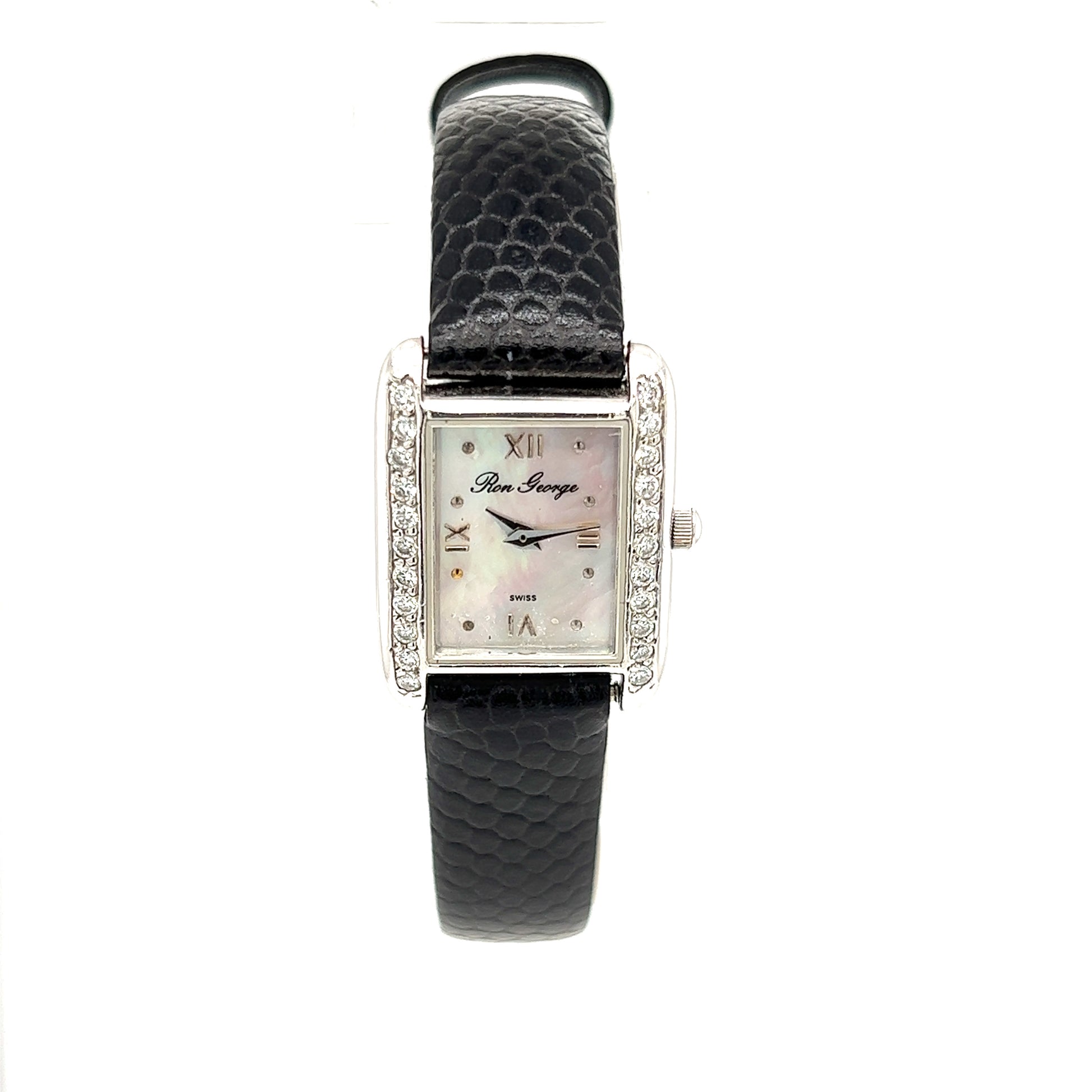 Ron George Watch with Mother of Pearl and Twenty-Two Diamonds in 14K White Gold Front View