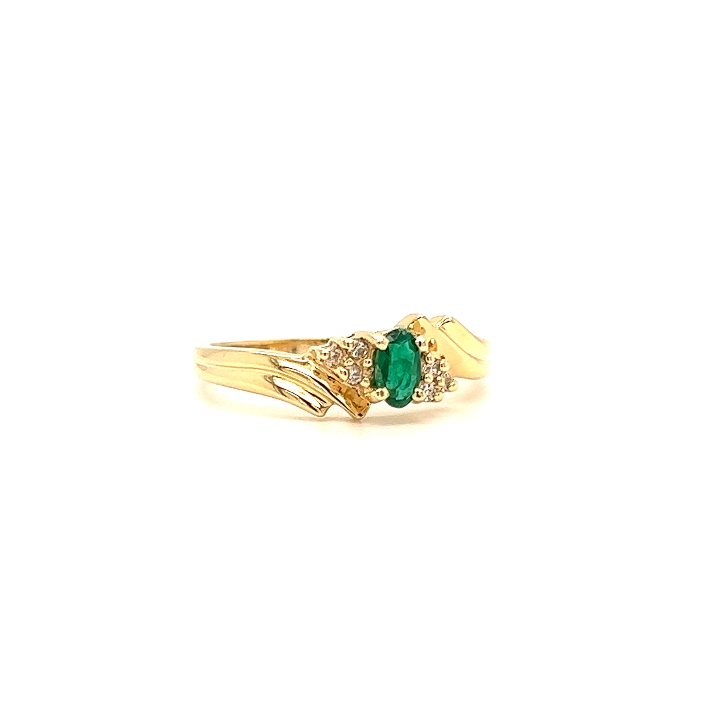 Bypass Emerald Ring with Six Side Diamonds in 14K Yellow Gold Right Side View