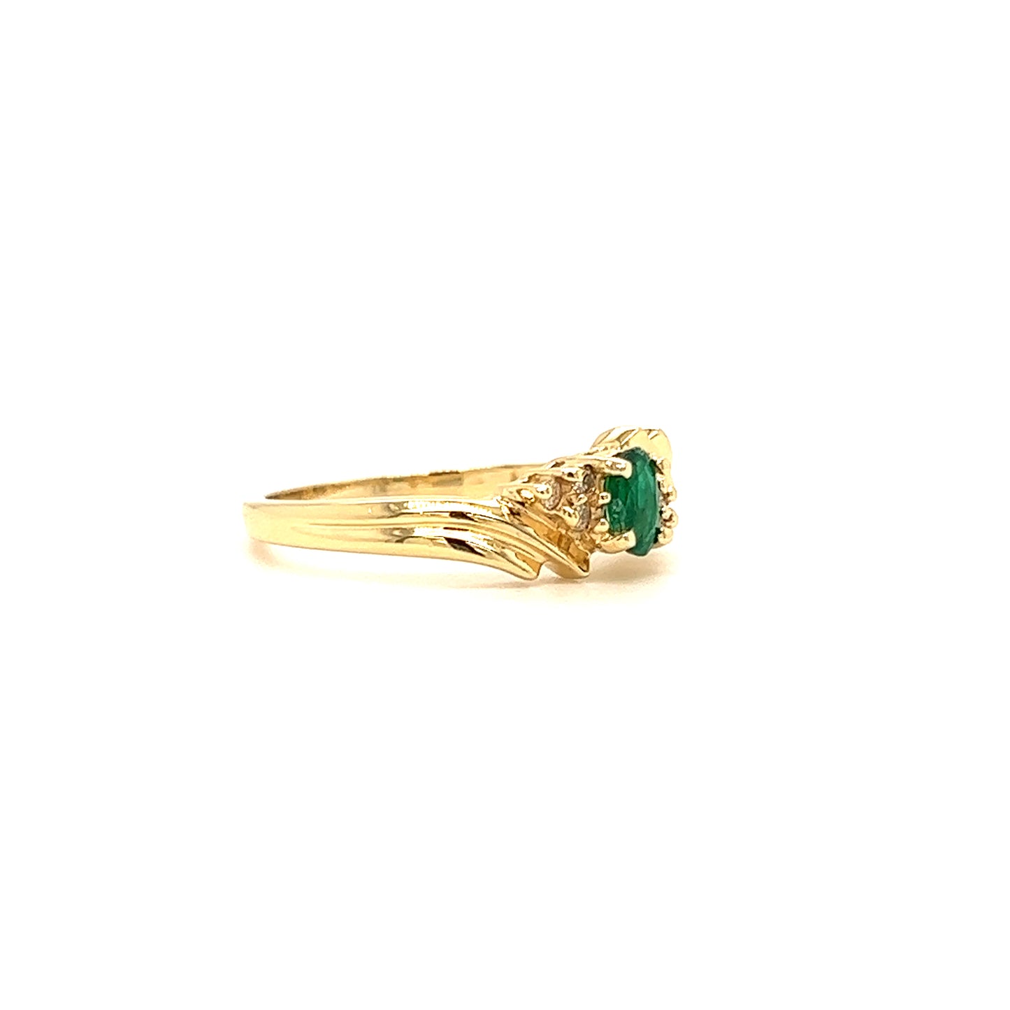 Bypass Emerald Ring with Six Side Diamonds in 14K Yellow Gold Right Profile