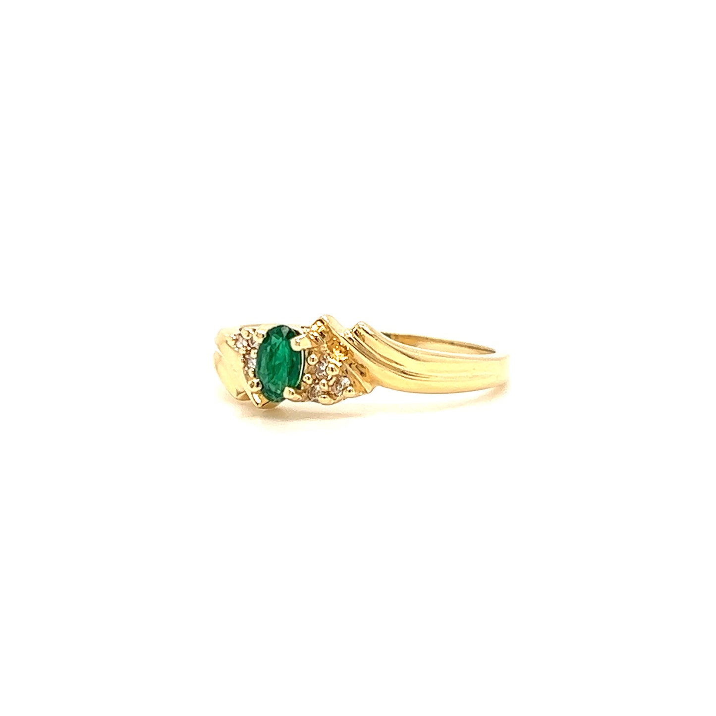 Bypass Emerald Ring with Six Side Diamonds in 14K Yellow Gold Left Side View