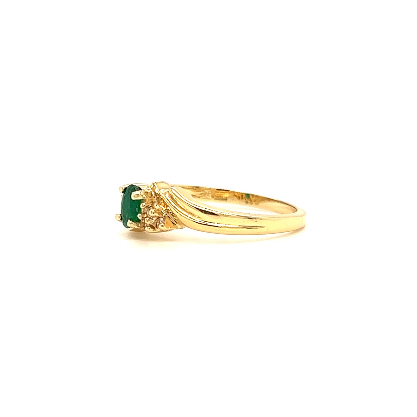 Bypass Emerald Ring with Six Side Diamonds in 14K Yellow Gold Left Profile