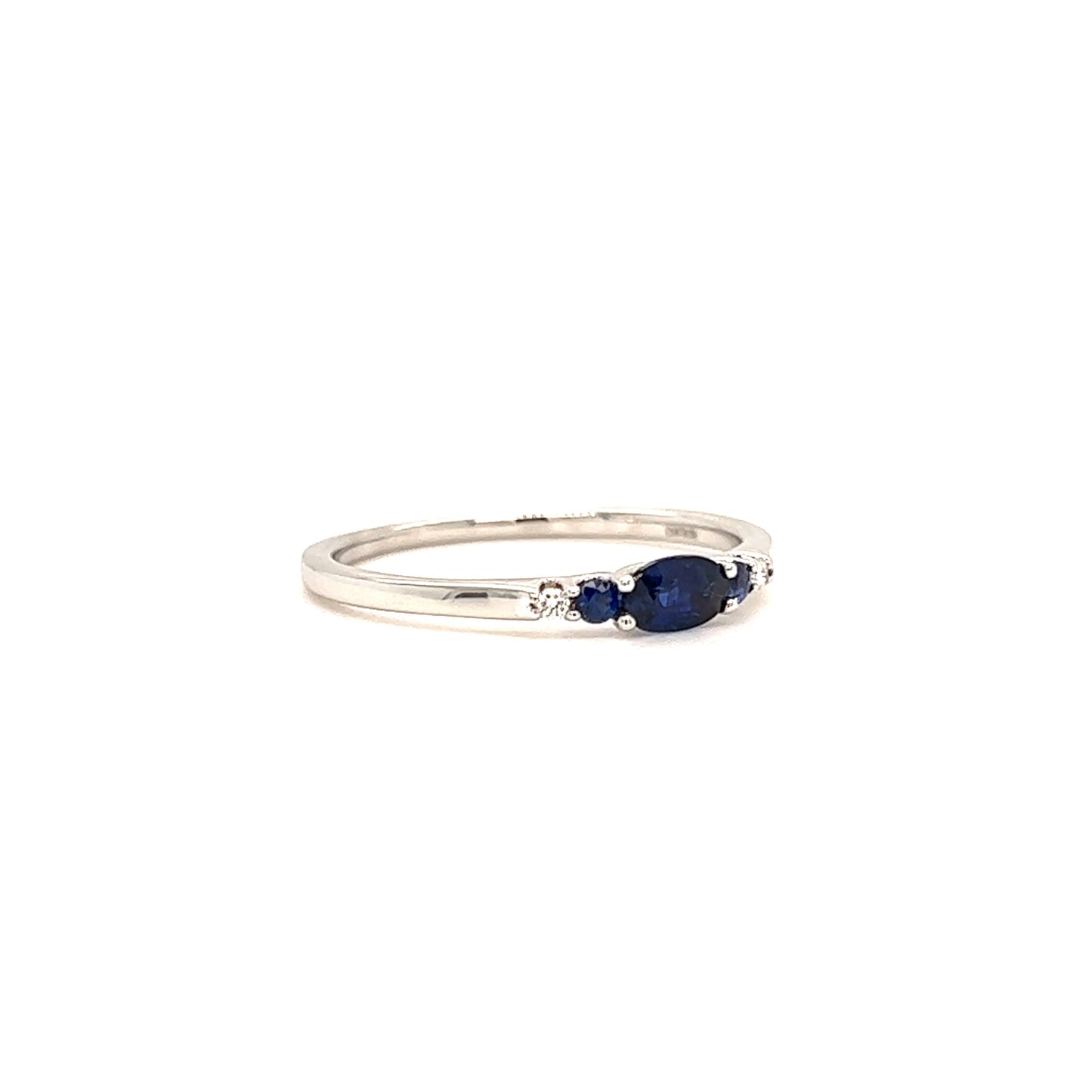 Oval Sapphire Ring with Two Side Sapphires and Diamonds in 18K White Gold Right Side View