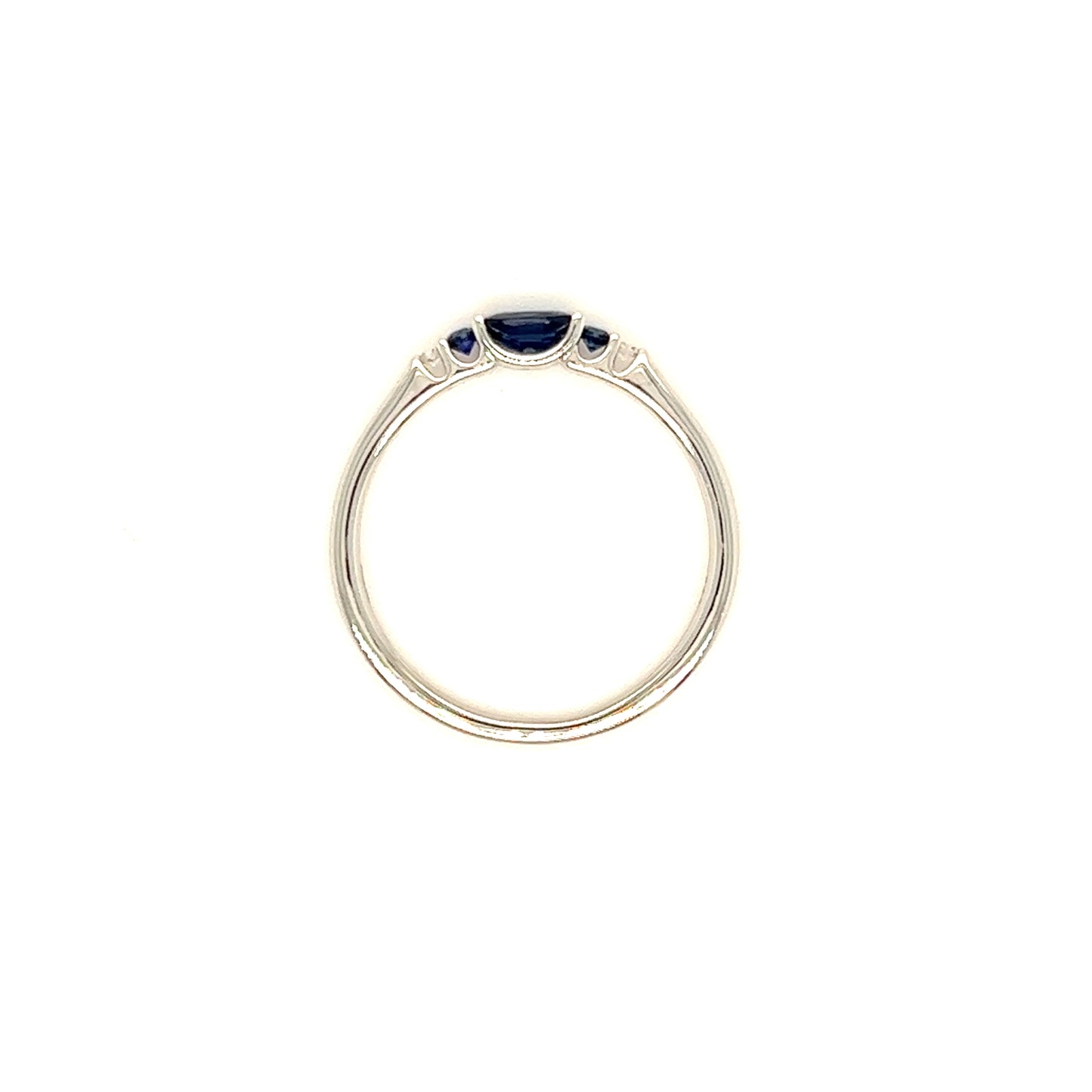 Oval Sapphire Ring with Two Side Sapphires and Diamonds in 18K White Gold Top View