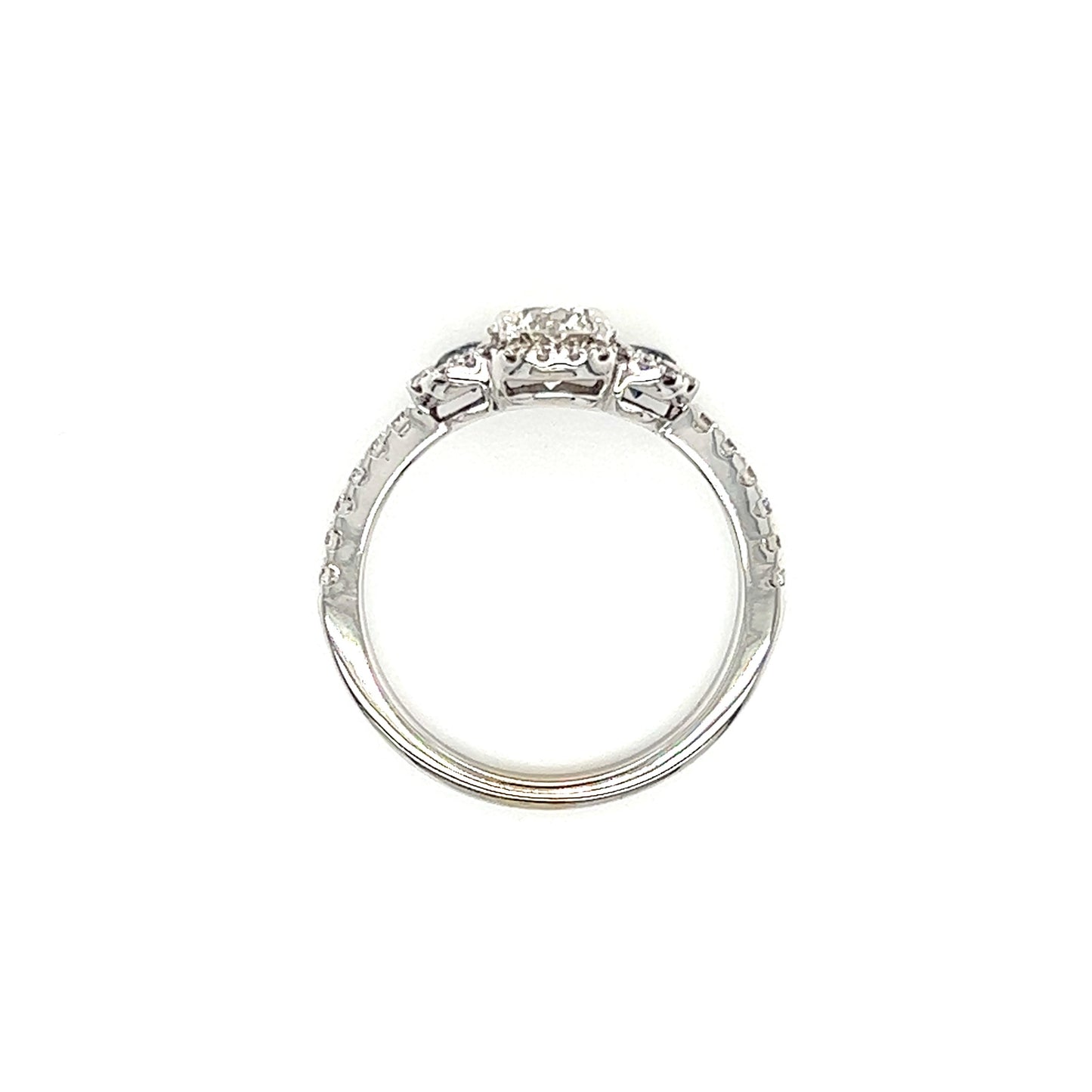 Round Diamond Ring with Two Side Sapphires and Diamond Halo in 14K White Gold Top View