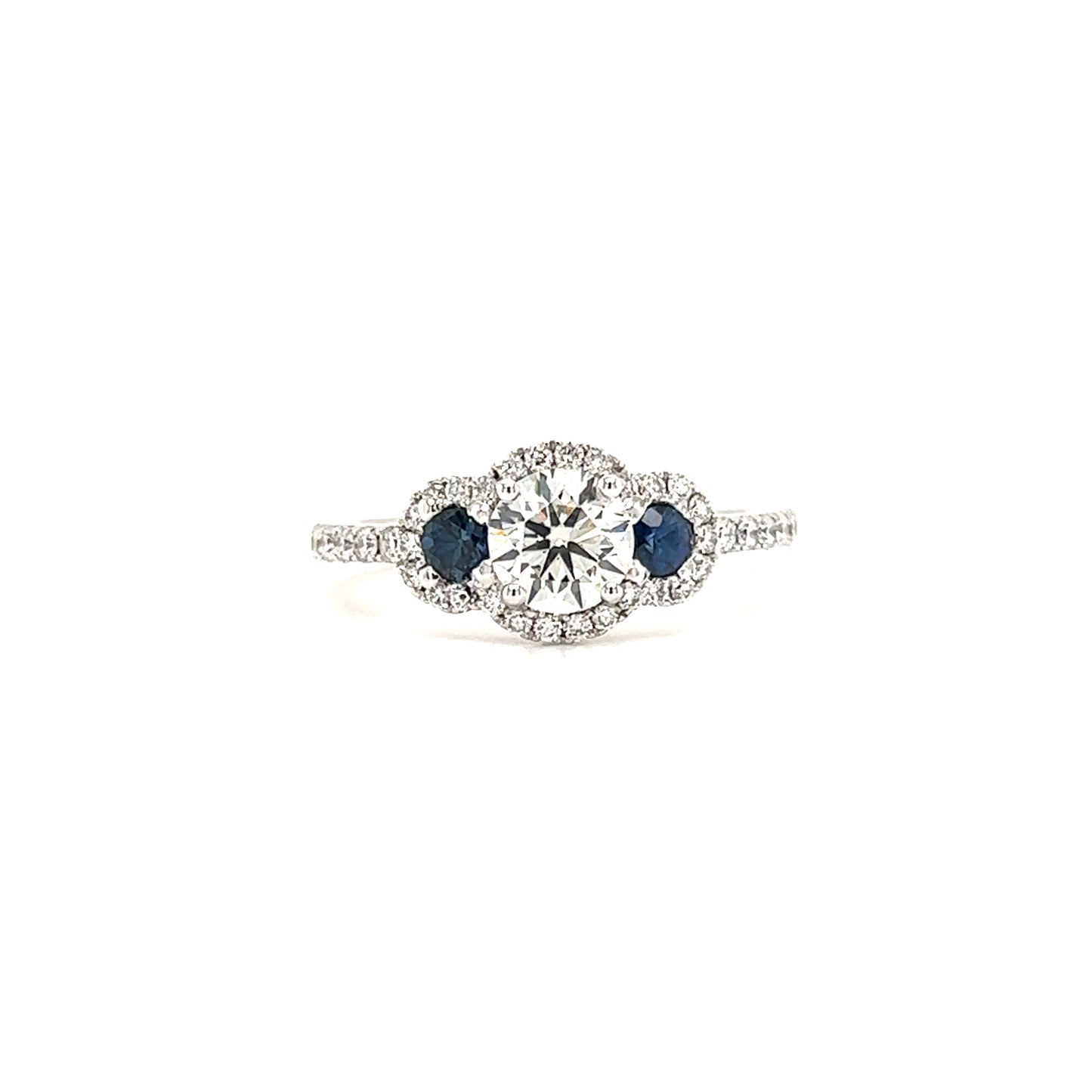 Round Diamond Ring with Two Side Sapphires and Diamond Halo in 14K White Gold Front View