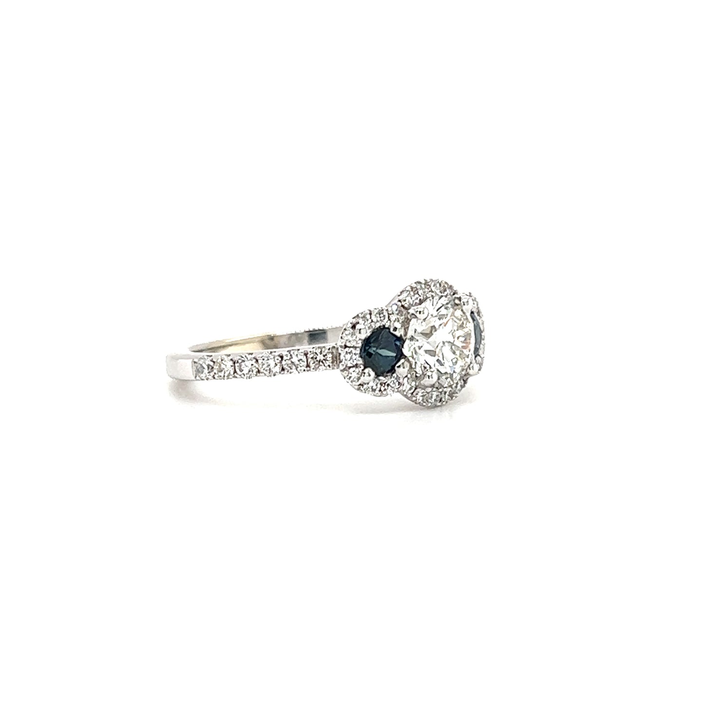 Round Diamond Ring with Two Side Sapphires and Diamond Halo in 14K White Gold Right Side View