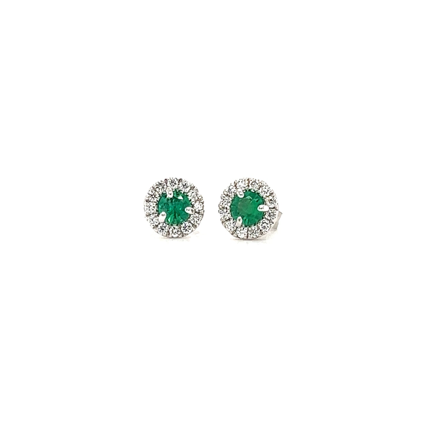Round Emerald Stud Earrings with Diamond Halo in 14K White Gold Front View