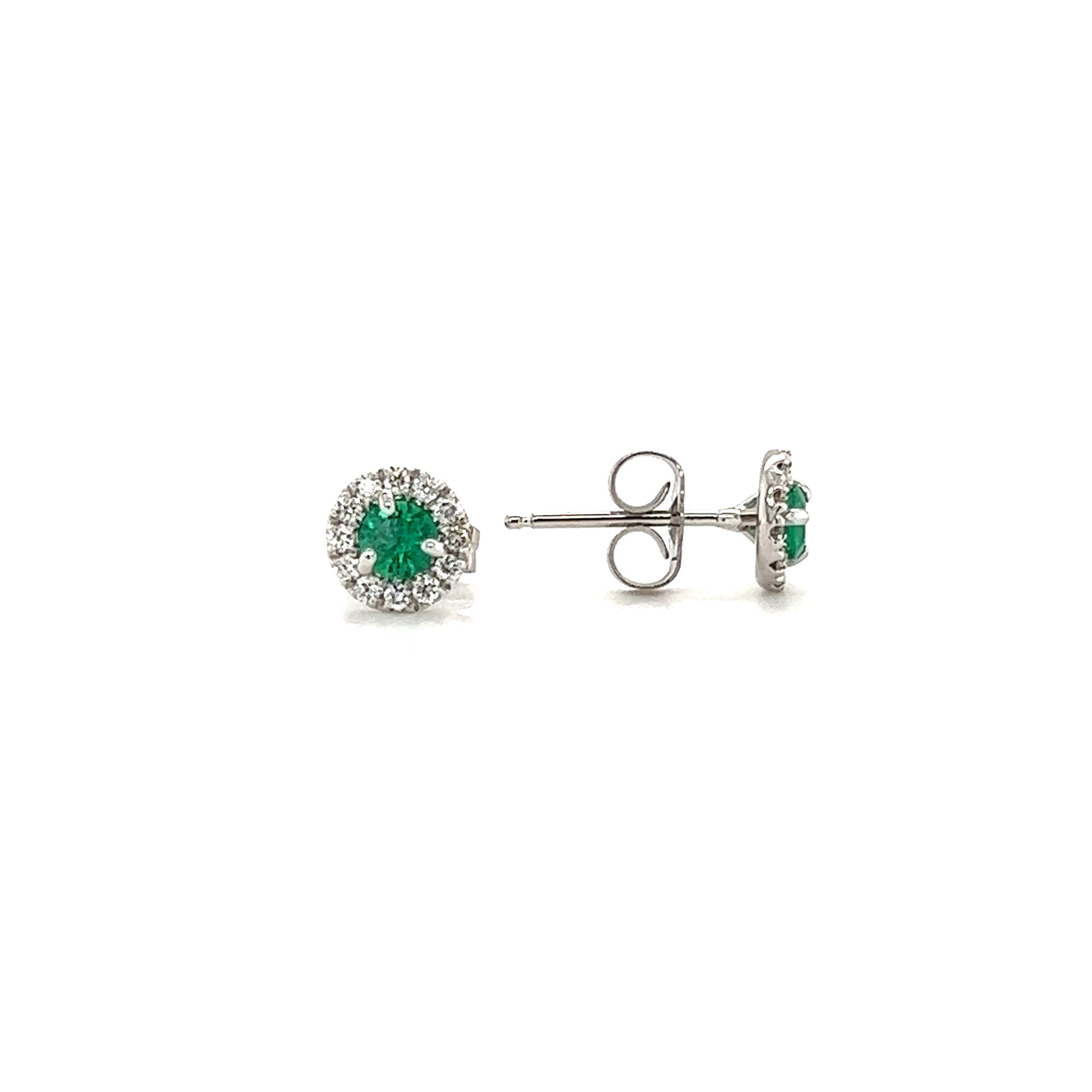 Round Emerald Stud Earrings with Diamond Halo in 14K White Gold Front and Side View