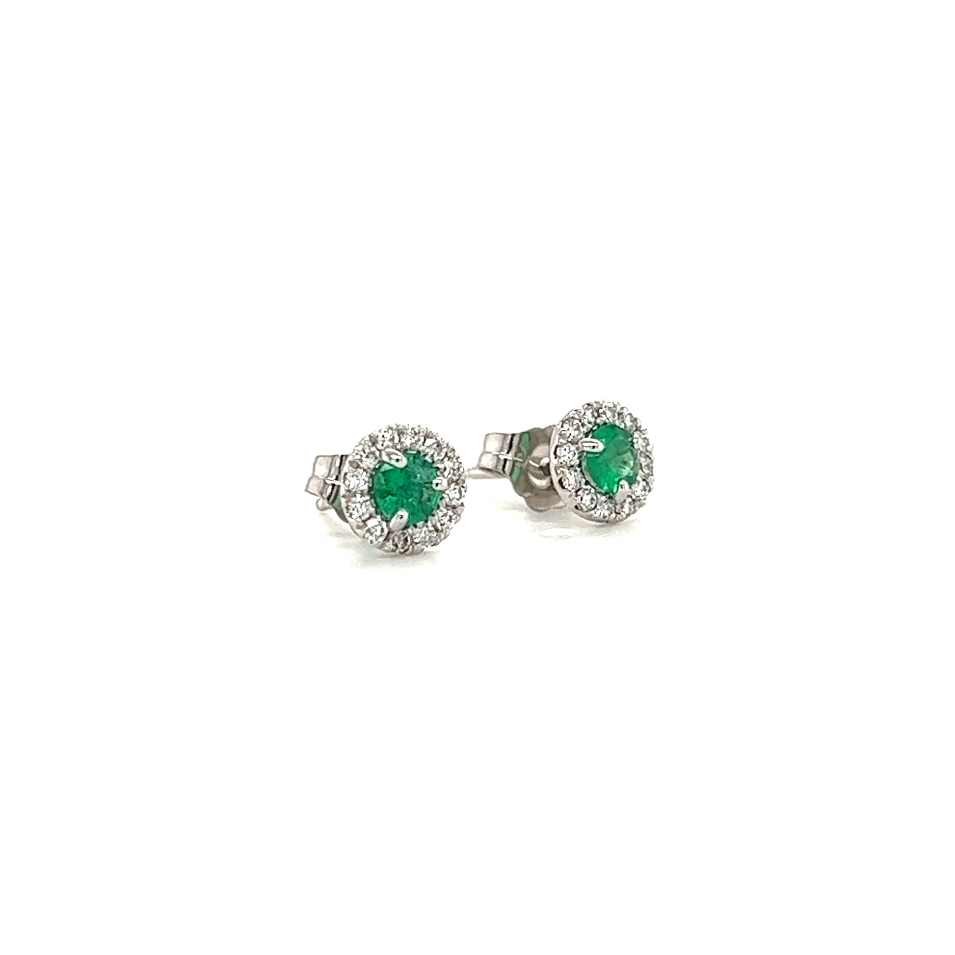 Round Emerald Stud Earrings with Diamond Halo in 14K White Gold Right Side View