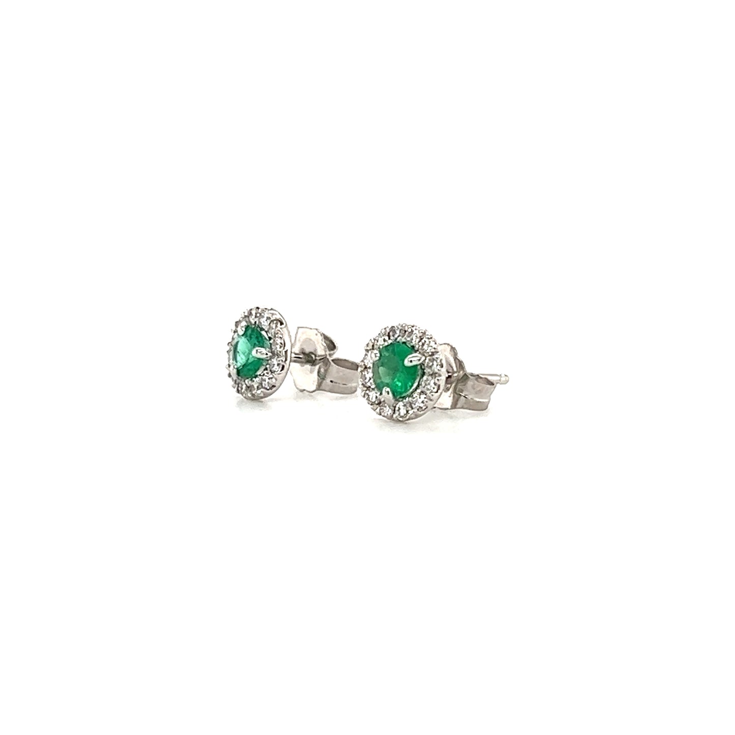 Round Emerald Stud Earrings with Diamond Halo in 14K White Gold Left Side View