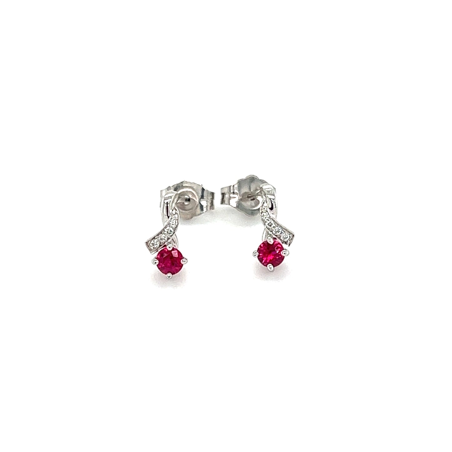 Ruby Stud Earrings with Four Round Diamonds in 14K White Gold Front View