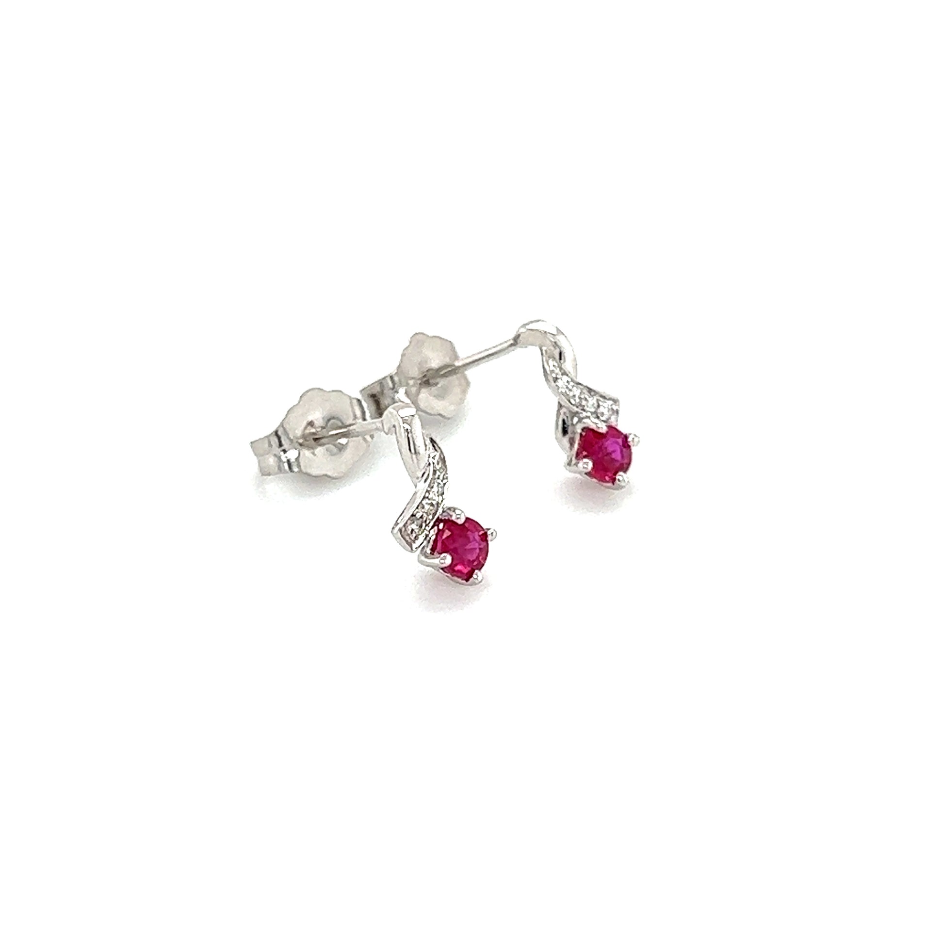 Ruby Stud Earrings with Four Round Diamonds in 14K White Gold Right Side View