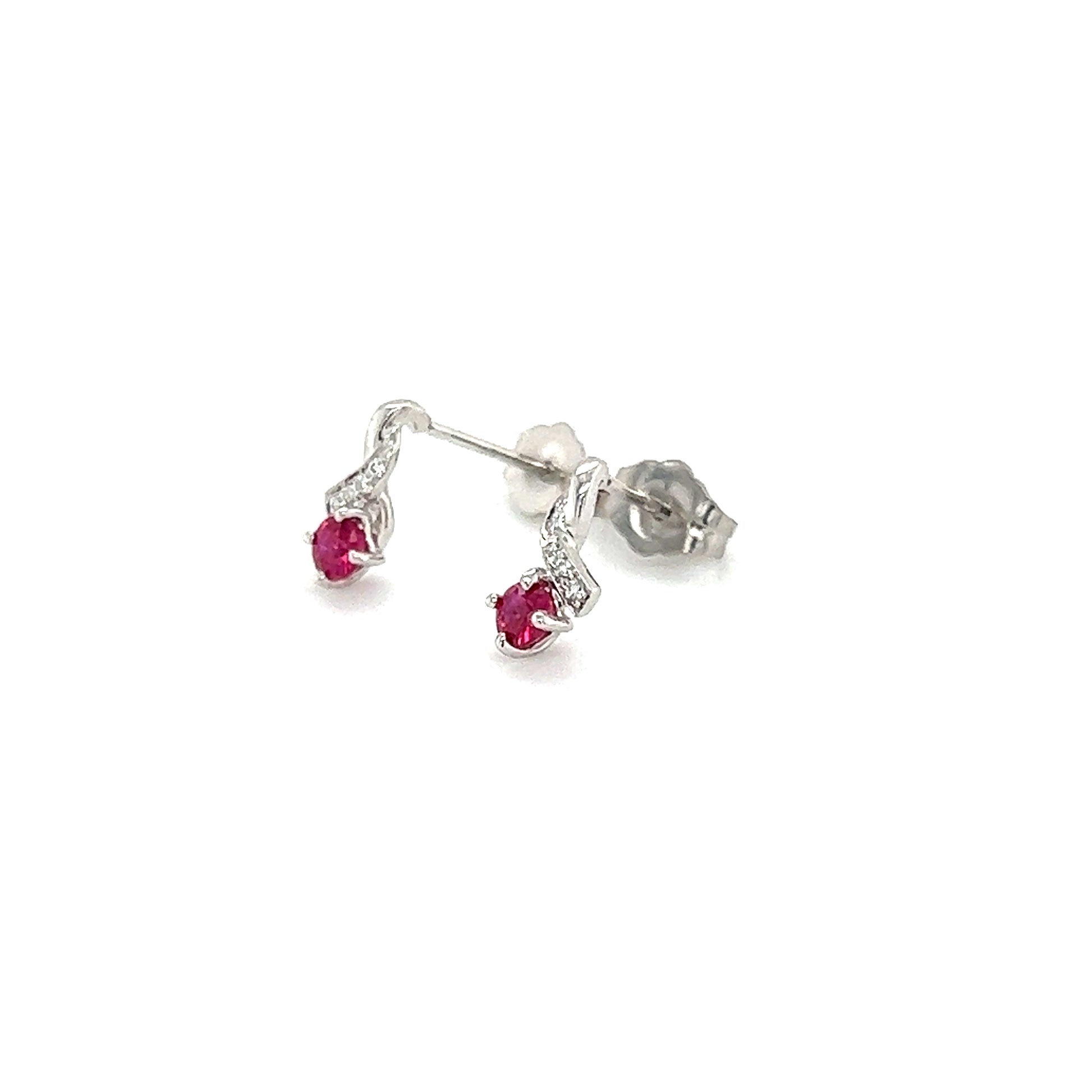 Ruby Stud Earrings with Four Round Diamonds in 14K White Gold Left Side View