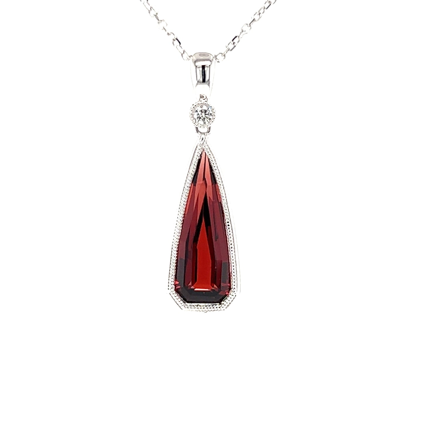 Irregular Garnet Pendant with Diamonds Accent in 14K White Gold Pendant on Chain Front View
