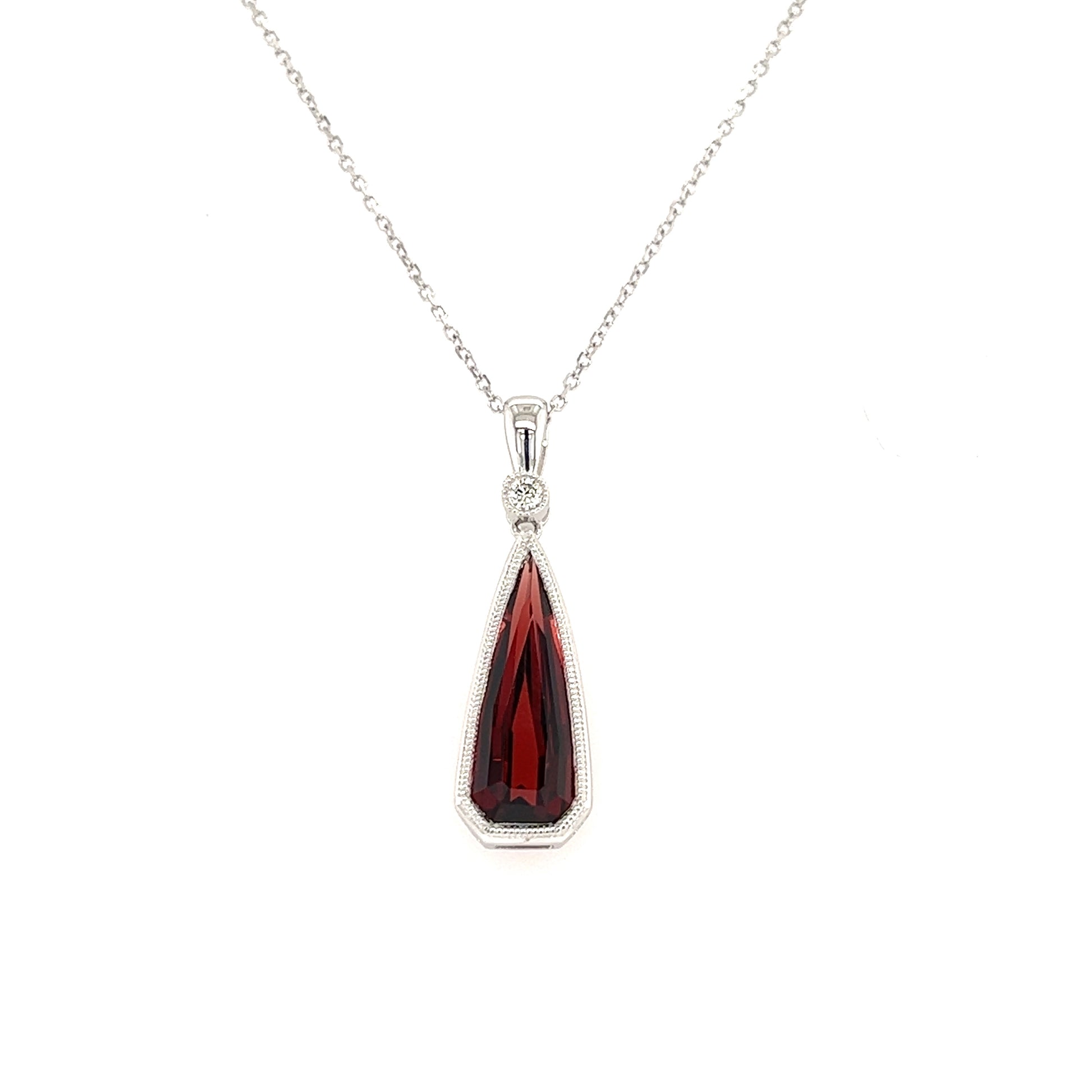 Irregular Garnet Pendant with Diamonds Accent in 14K White Gold Pendant and Chain Front View