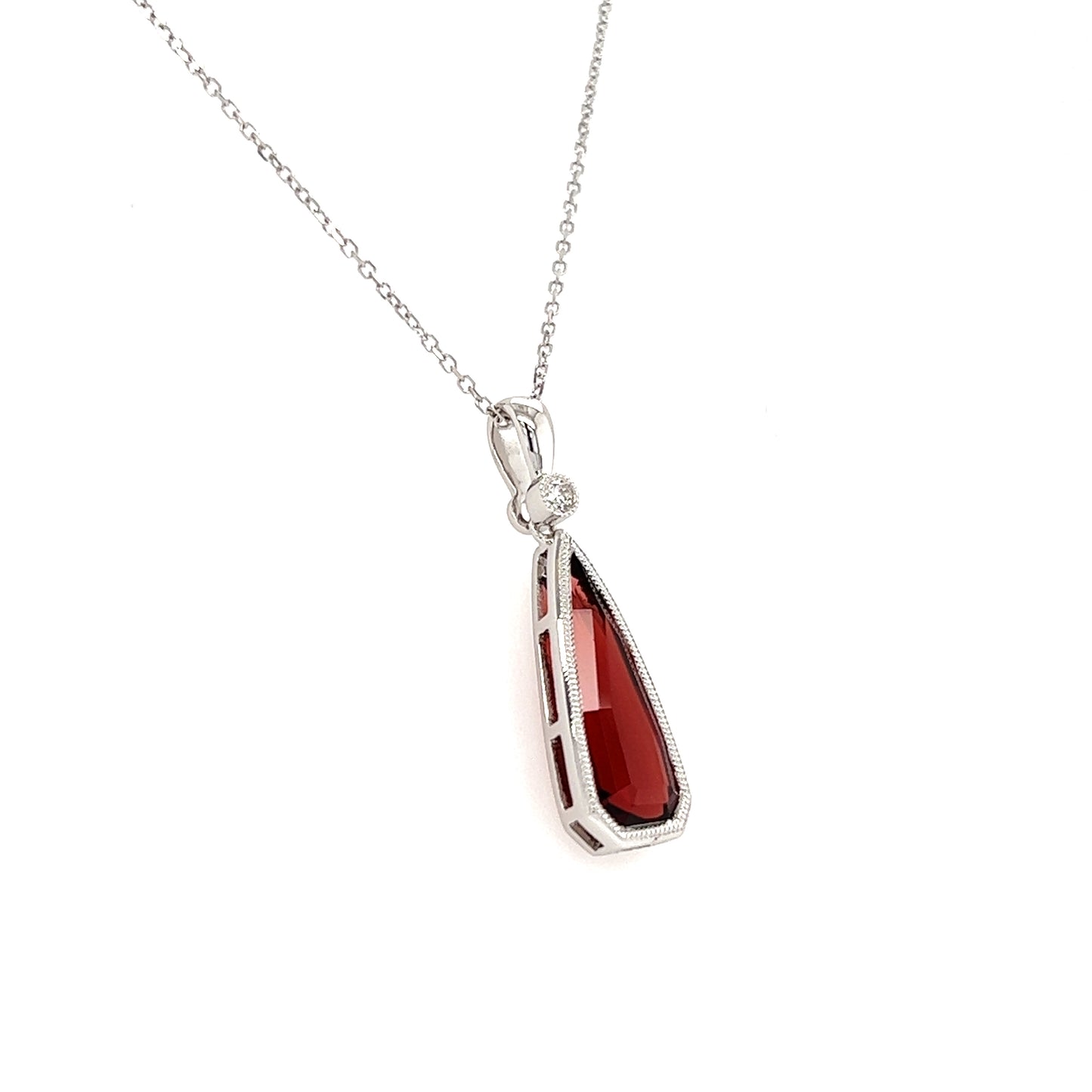 Irregular Garnet Pendant with Diamonds Accent in 14K White Gold Pendant and Chain Right Side View