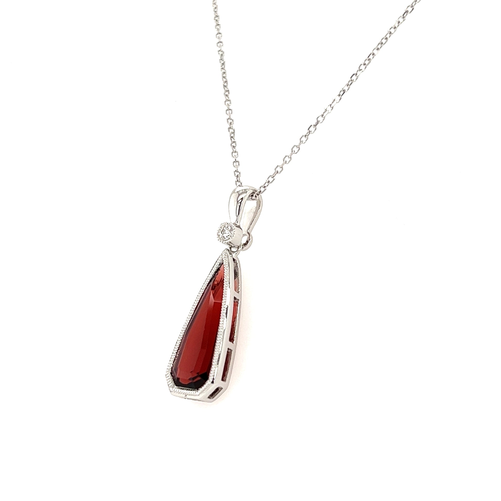 Irregular Garnet Pendant with Diamonds Accent in 14K White Gold Pendant and Chain Left Side View