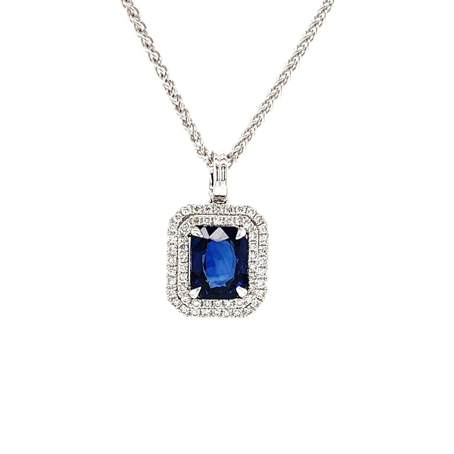 Cushion Sapphire Pendant with Double Diamond Halo in 18K White Gold Pendant and Chain Front View
