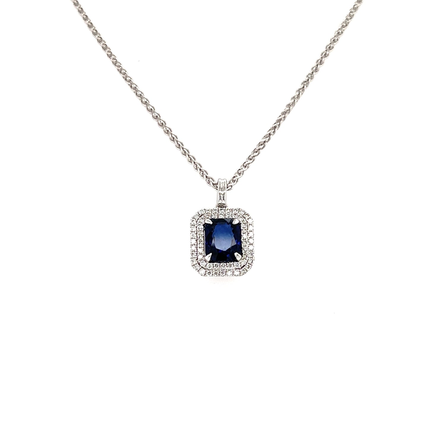 Cushion Sapphire Pendant with Double Diamond Halo in 18K White Gold Pendant and Chain Front View Alternative