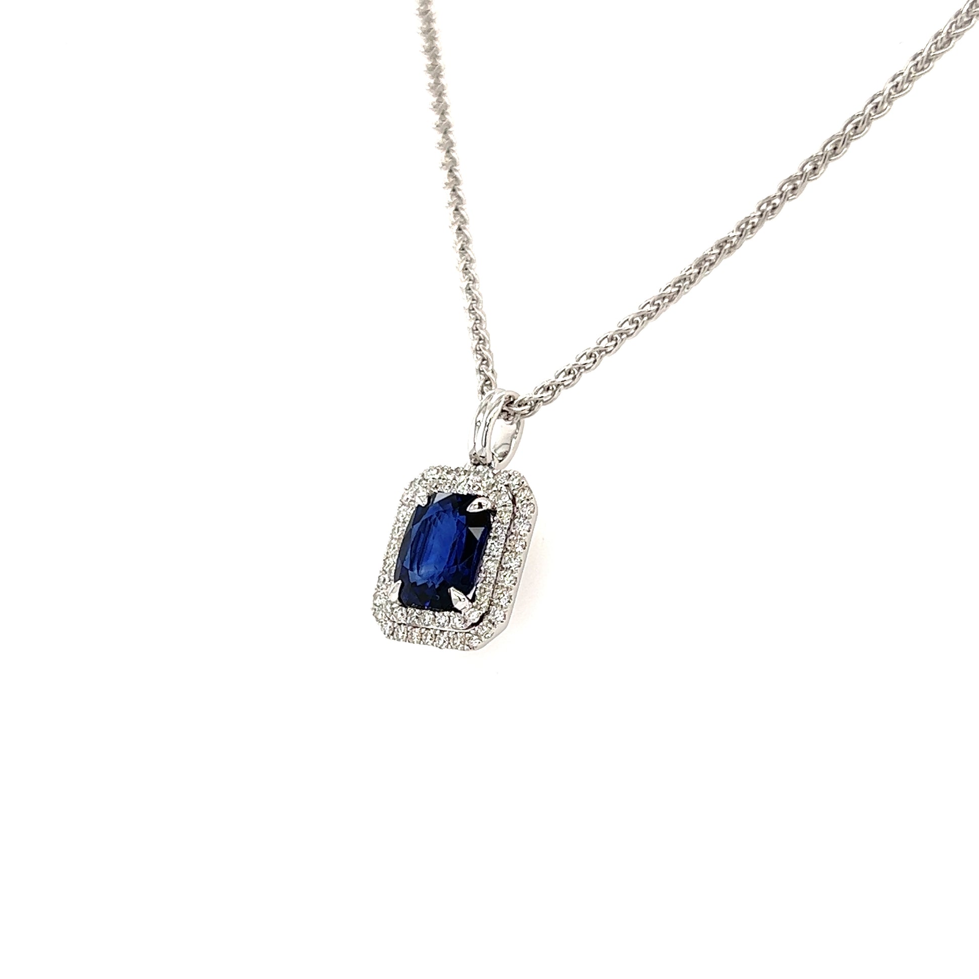 Cushion Sapphire Pendant with Double Diamond Halo in 18K White Gold Pendant and Chain Left Side View