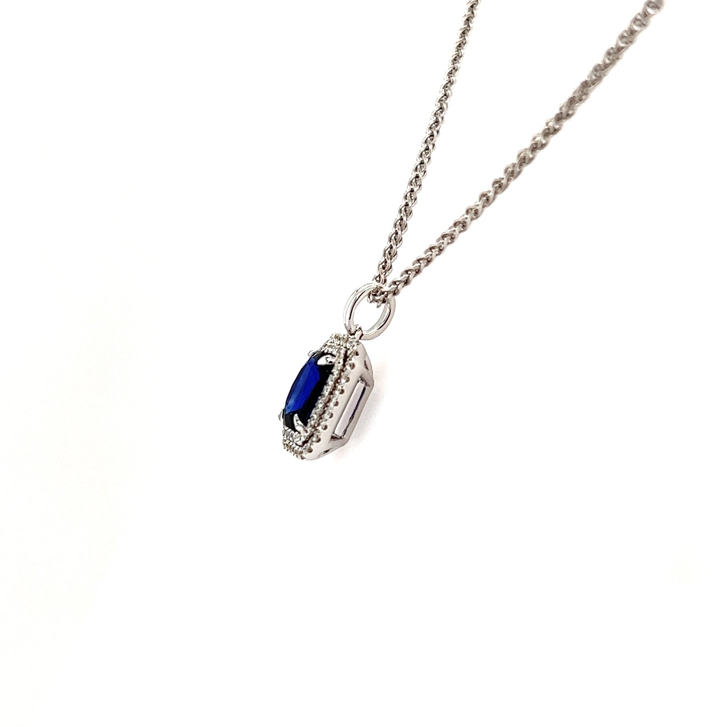 Cushion Sapphire Pendant with Double Diamond Halo in 18K White Gold Pendant and Chain Left Profile View
