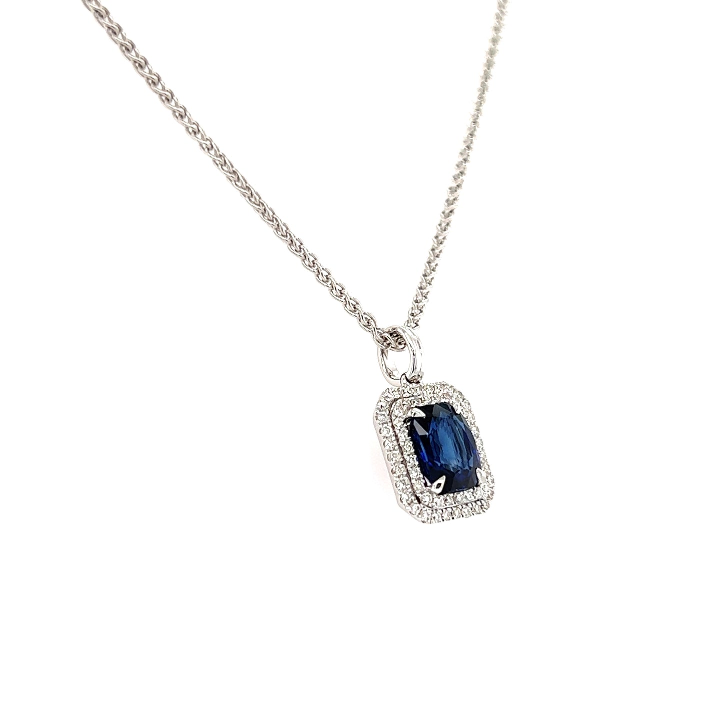 Cushion Sapphire Pendant with Double Diamond Halo in 18K White Gold Pendant and Chain Right Side View