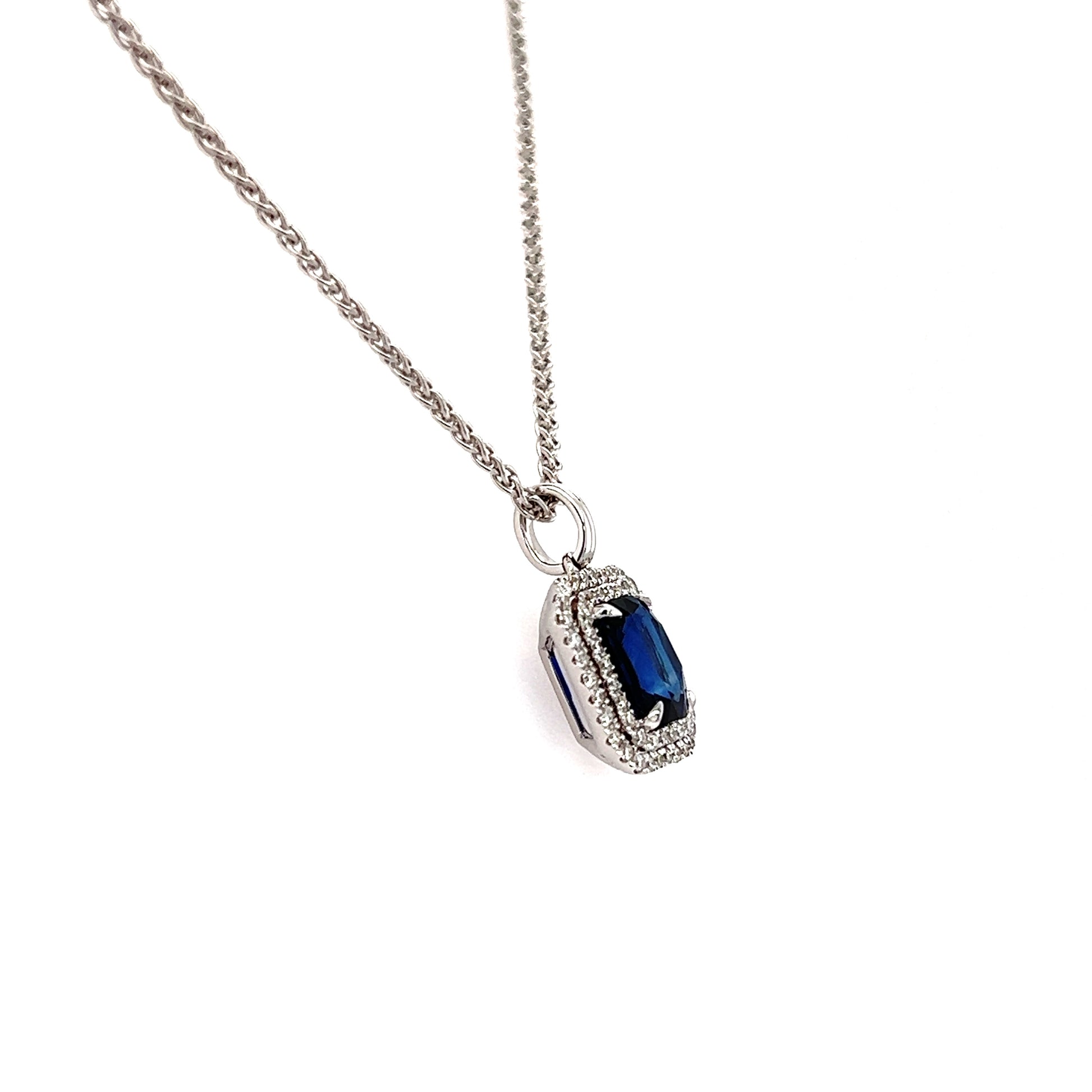 Cushion Sapphire Pendant with Double Diamond Halo in 18K White Gold Pendant and Chain Right Profile View