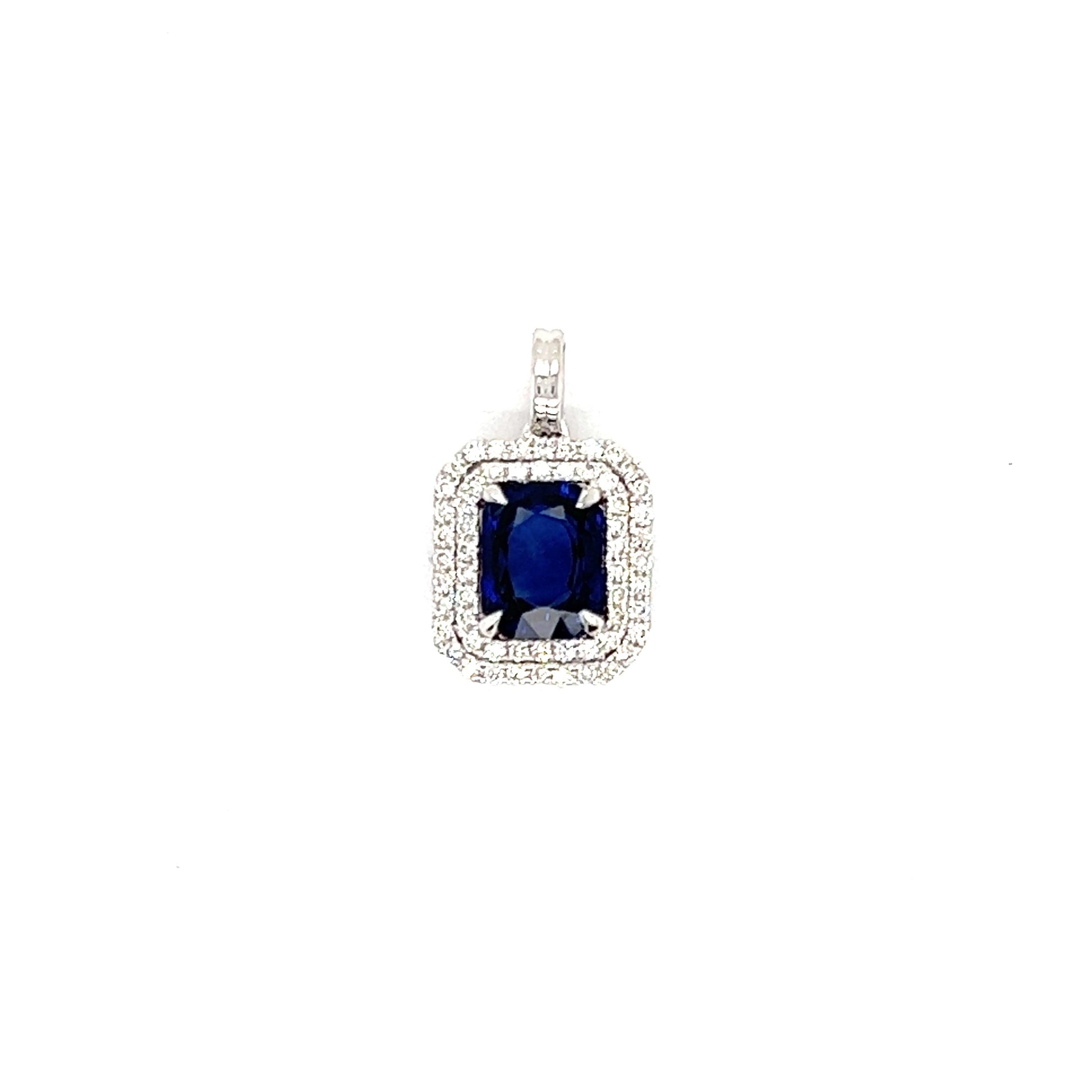 Cushion Sapphire Pendant with Double Diamond Halo in 18K White Gold Pendant Front View