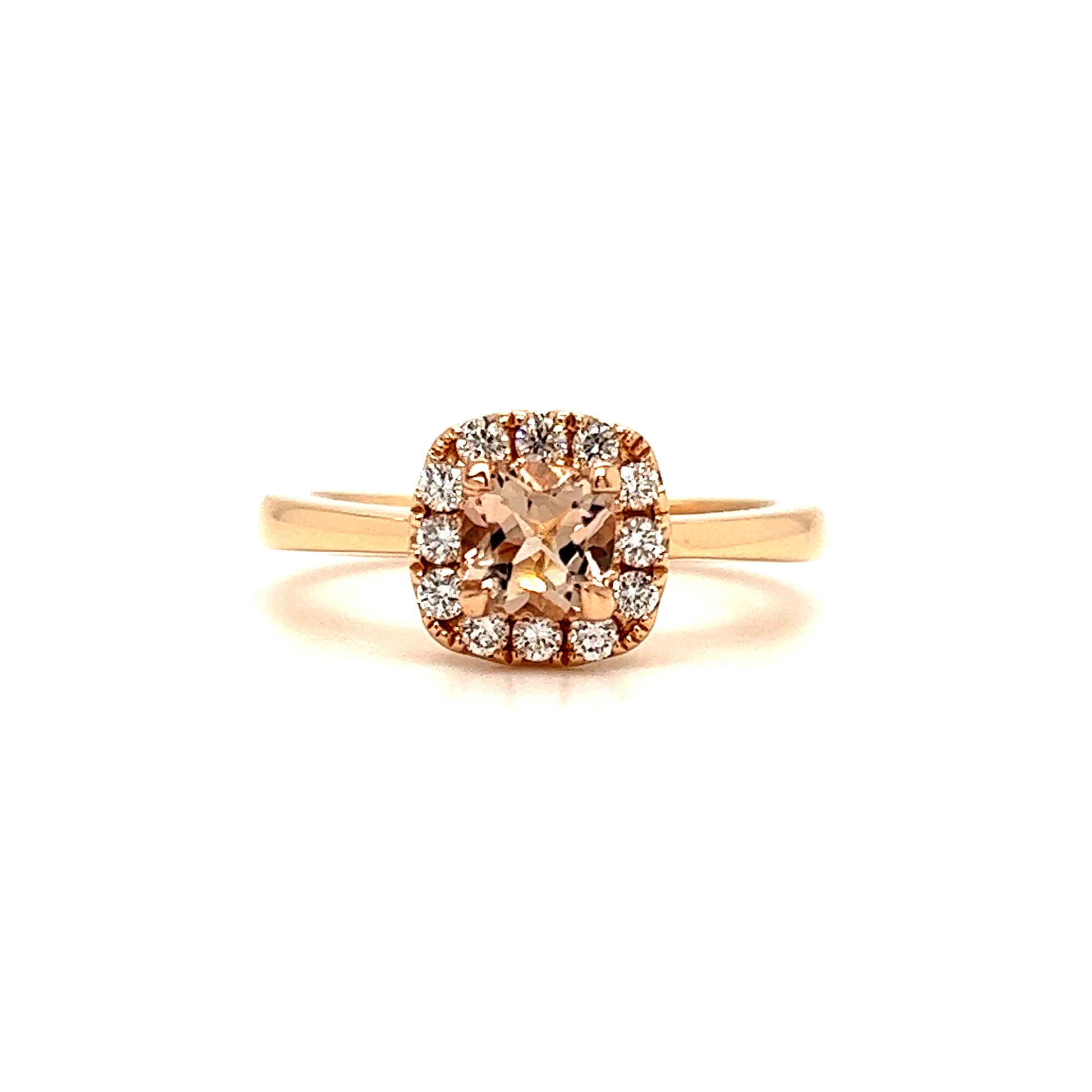 Cushion Morganite Ring with Diamond Halo in 14K Rose Gold Front View