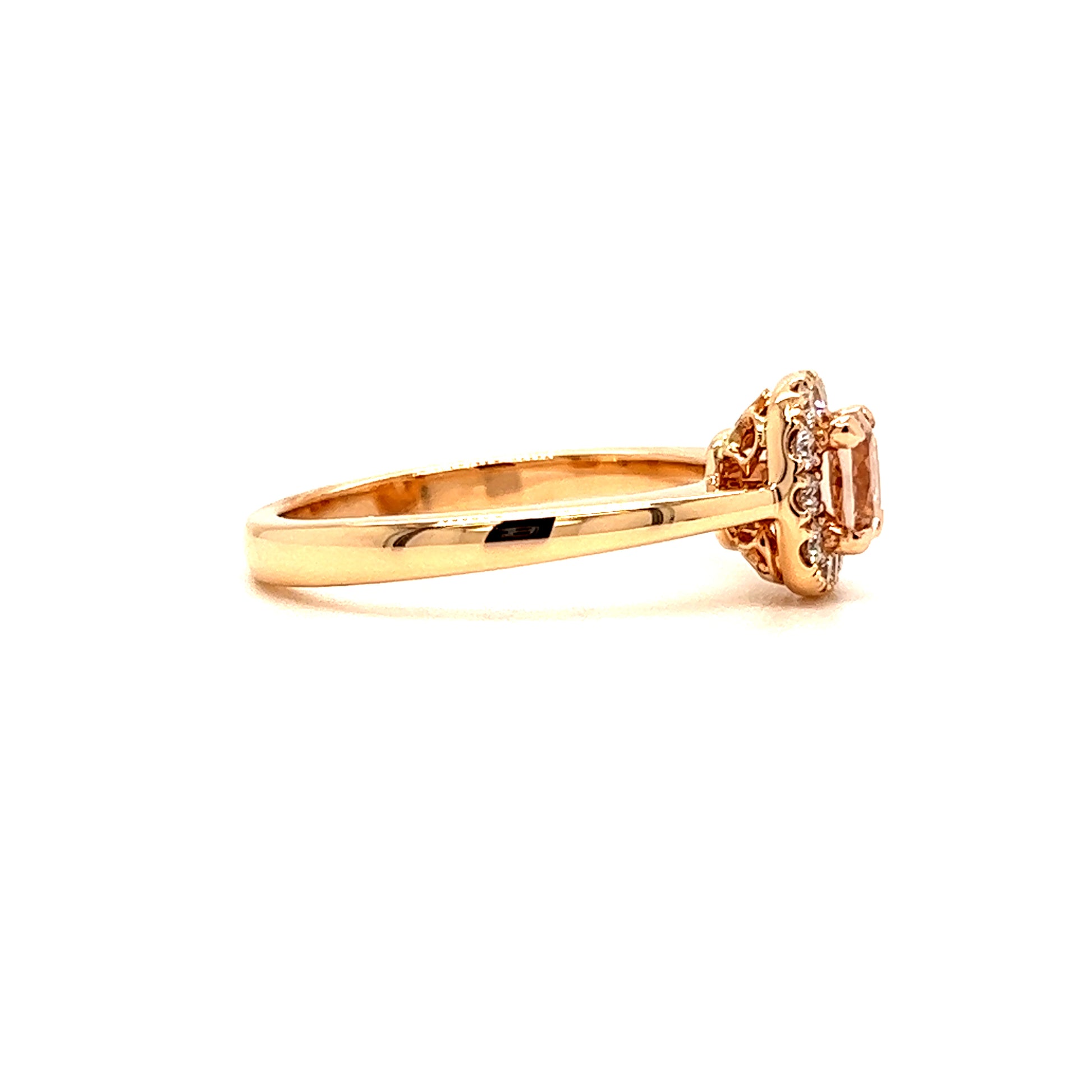 Cushion Morganite Ring with Diamond Halo in 14K Rose Gold Right Profile