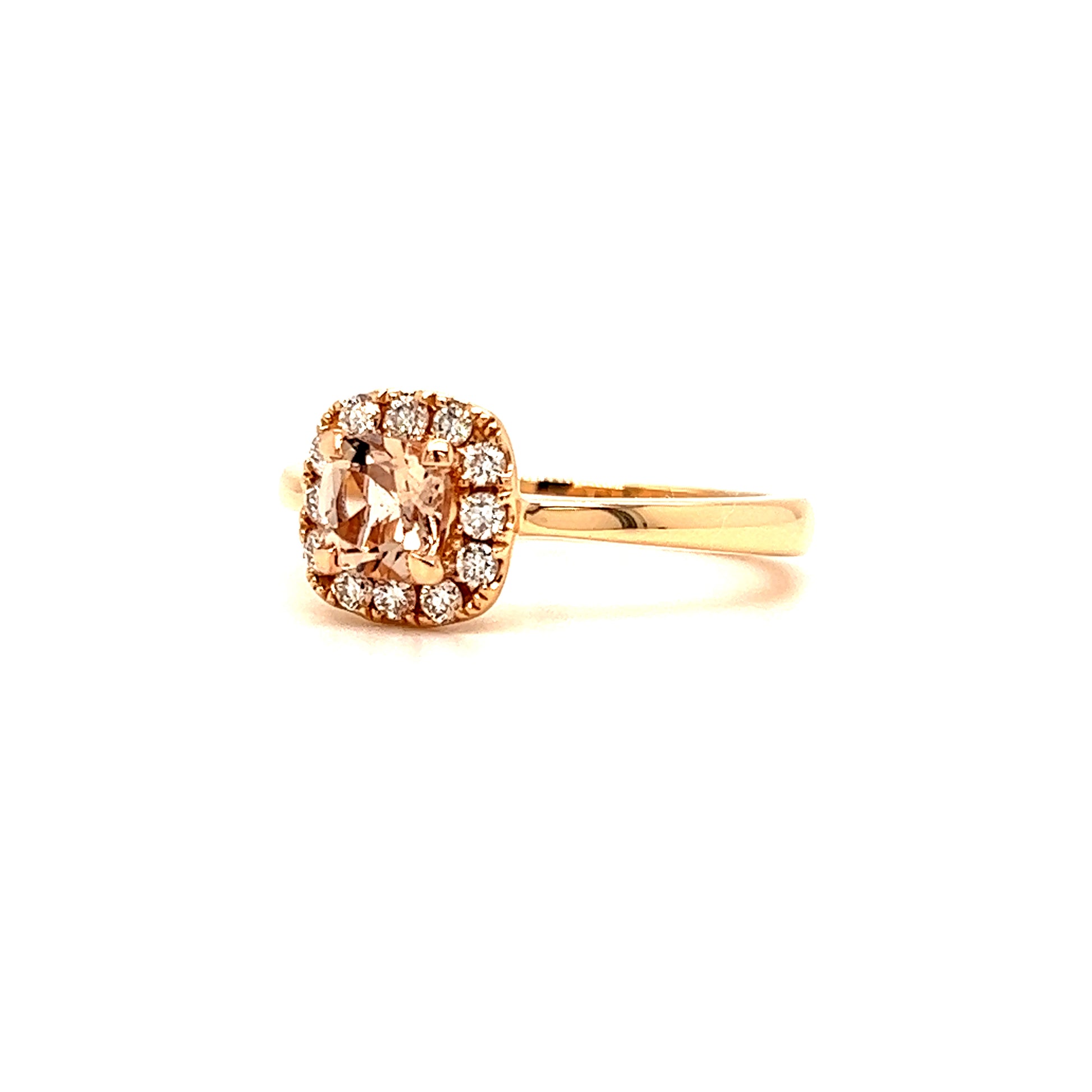 Cushion Morganite Ring with Diamond Halo in 14K Rose Gold Left Side View