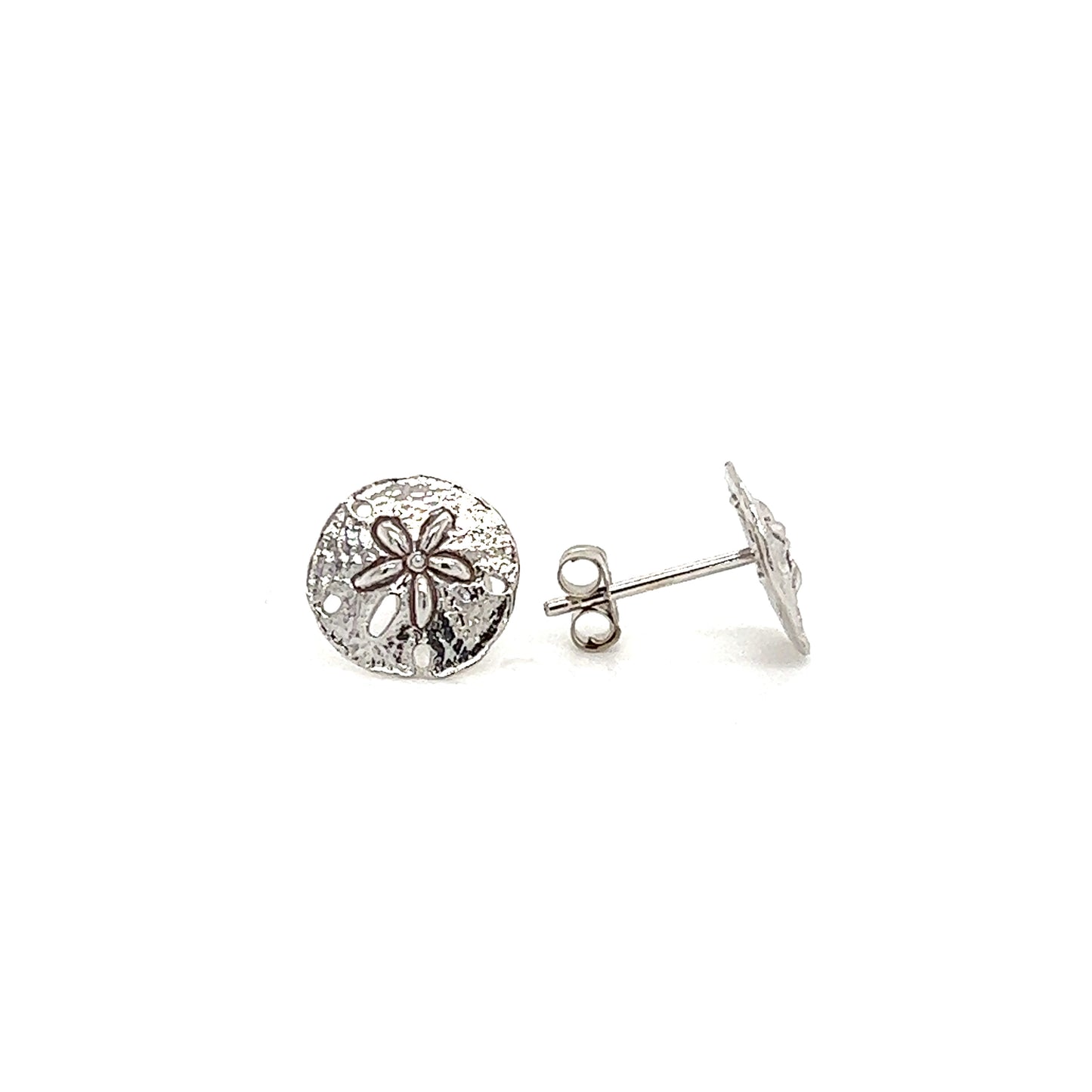 Sand Dollar Stud Earrings in 14K White Gold Front and Side View