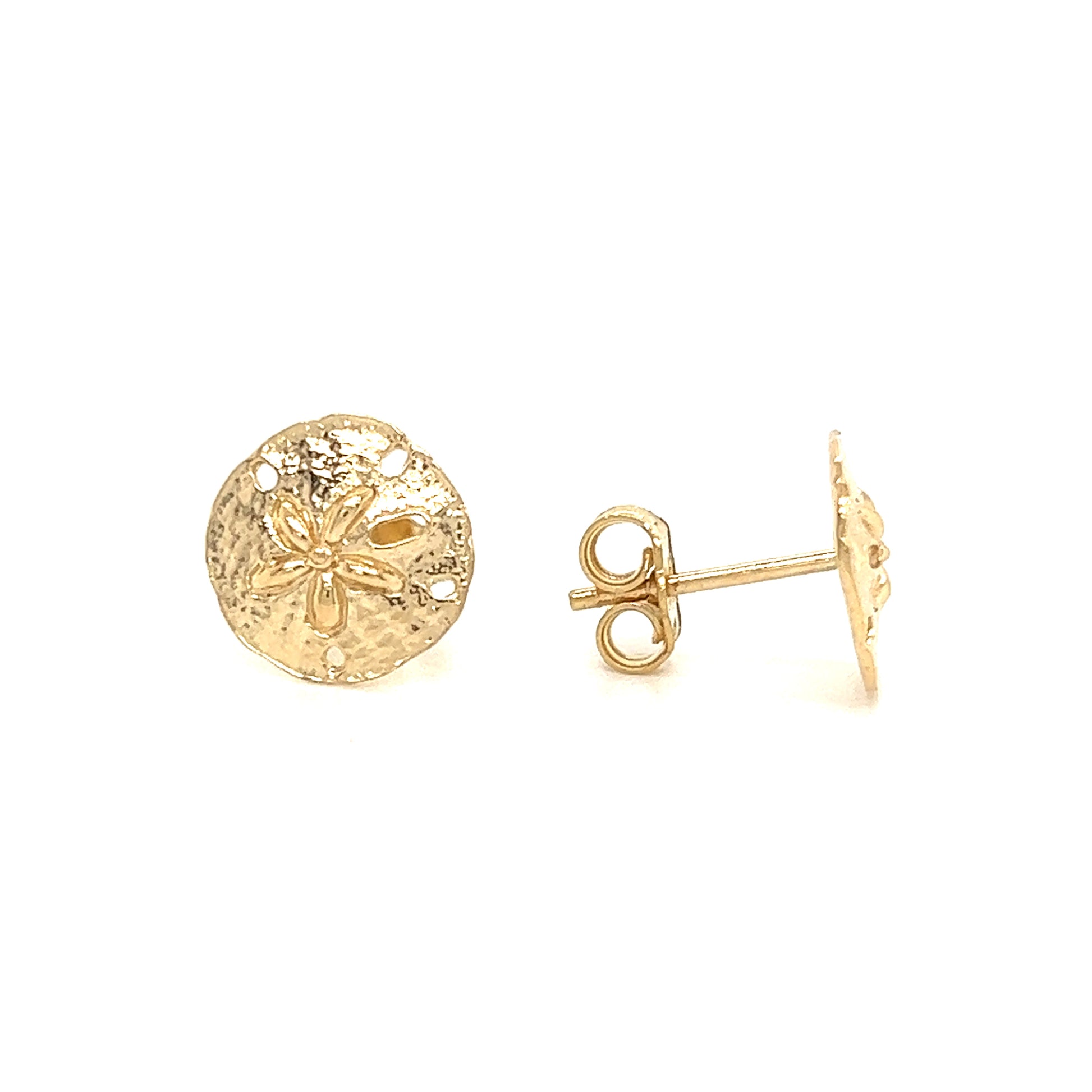 Sand Dollar Stud Earrings in 14K Yellow Gold Front and Side View
