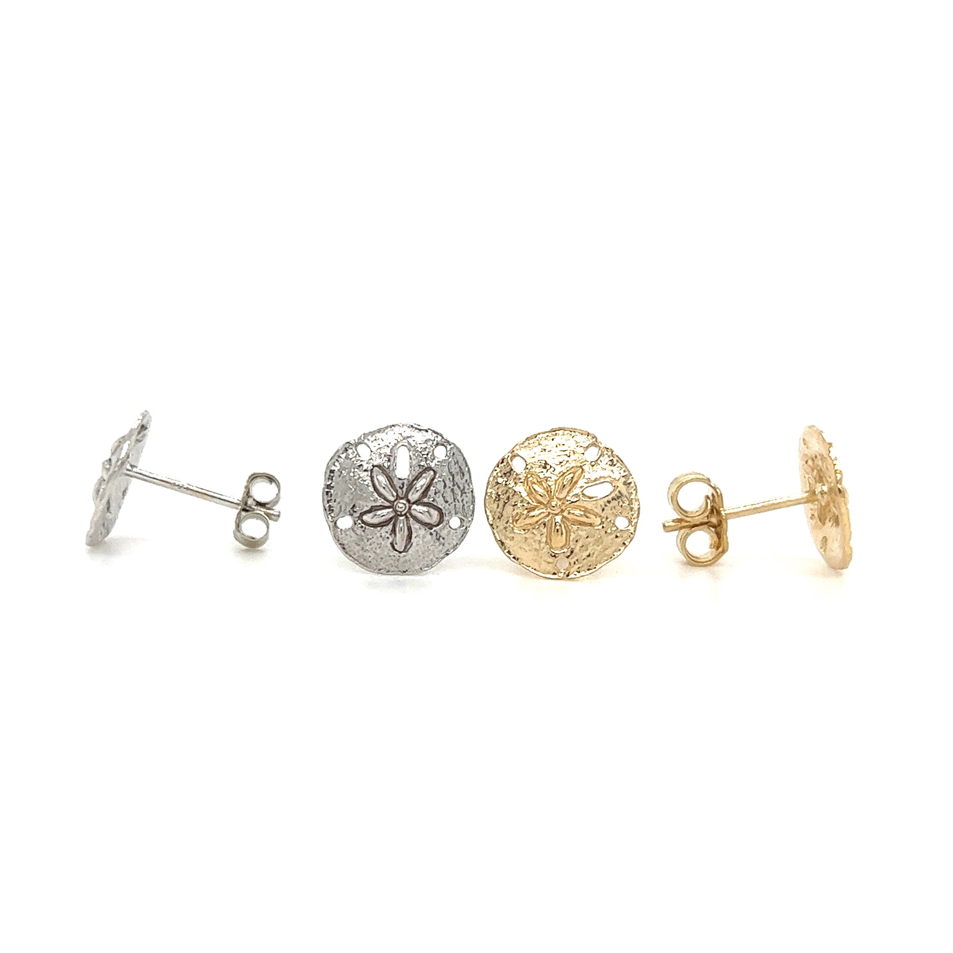 Sand Dollar Stud Earrings in 14K Gold Front and Side View