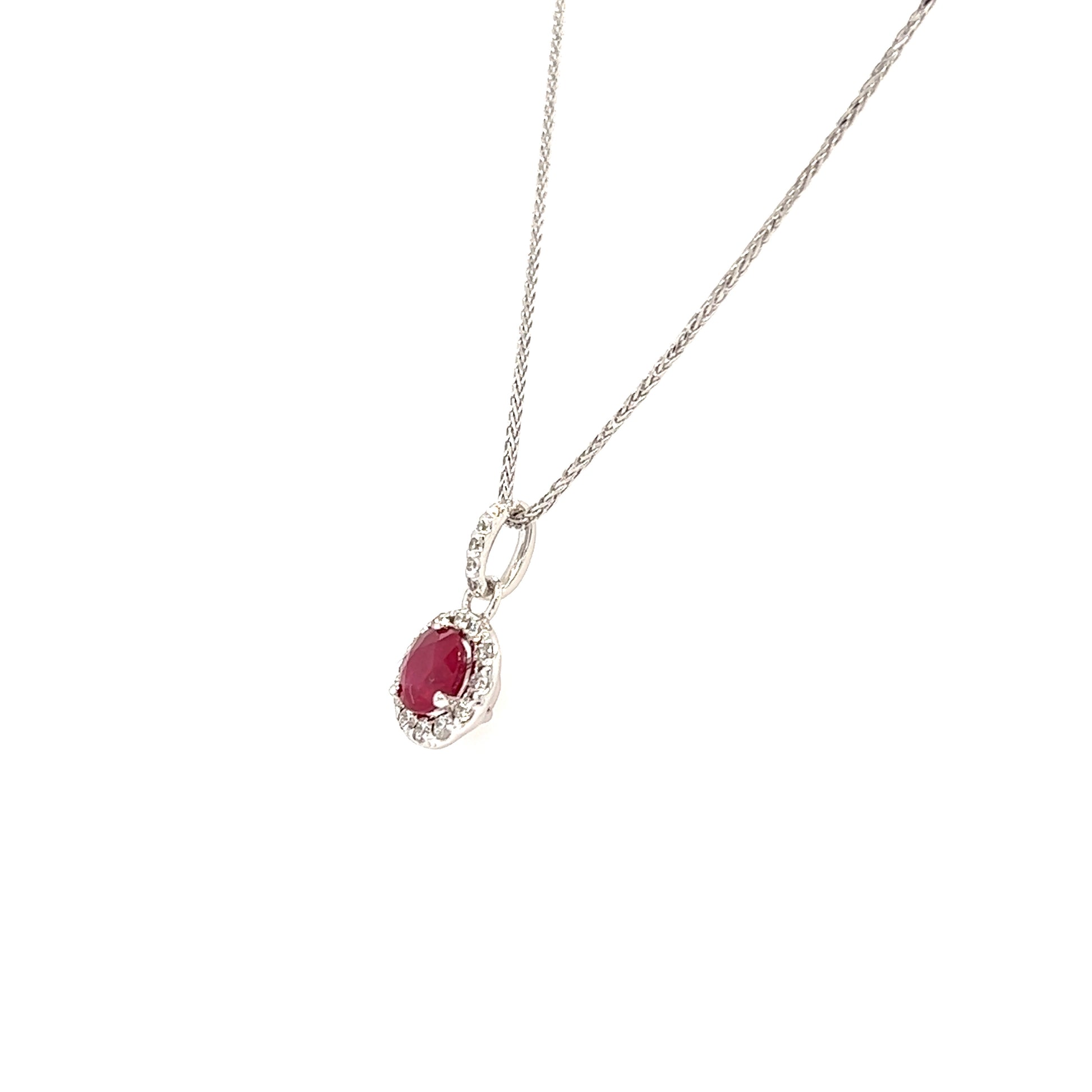 Round Ruby Pendant with Diamond Halo in 14K White Gold Pendant and Chain Right Side View