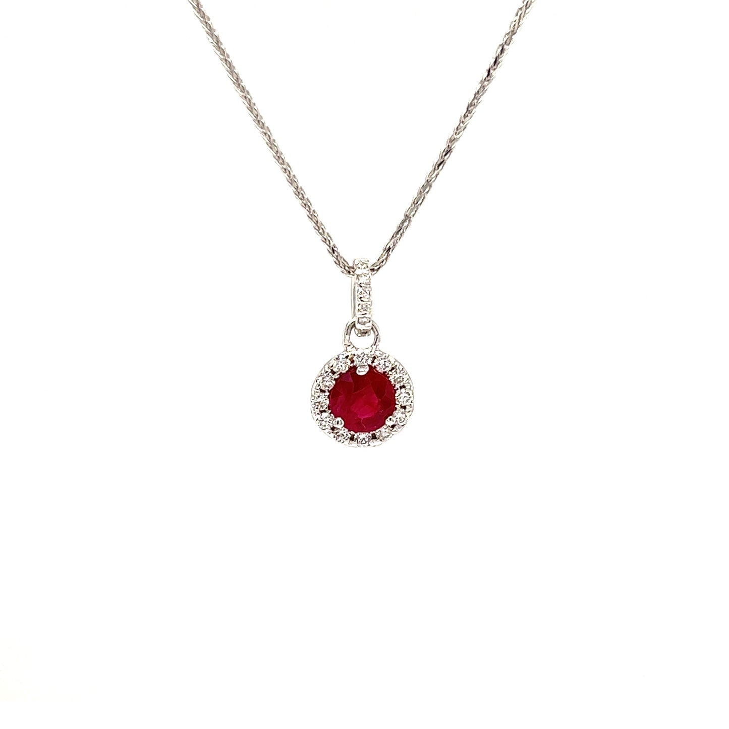 Round Ruby Pendant with Diamond Halo in 14K White Gold Pendant and Chain Front View
