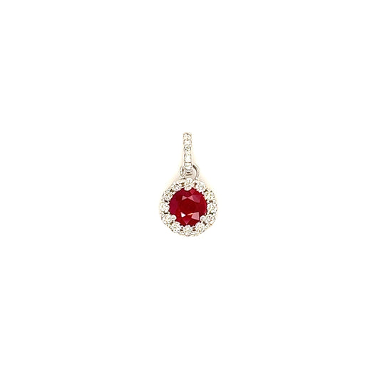 Round Ruby Pendant with Diamond Halo in 14K White Gold Front View